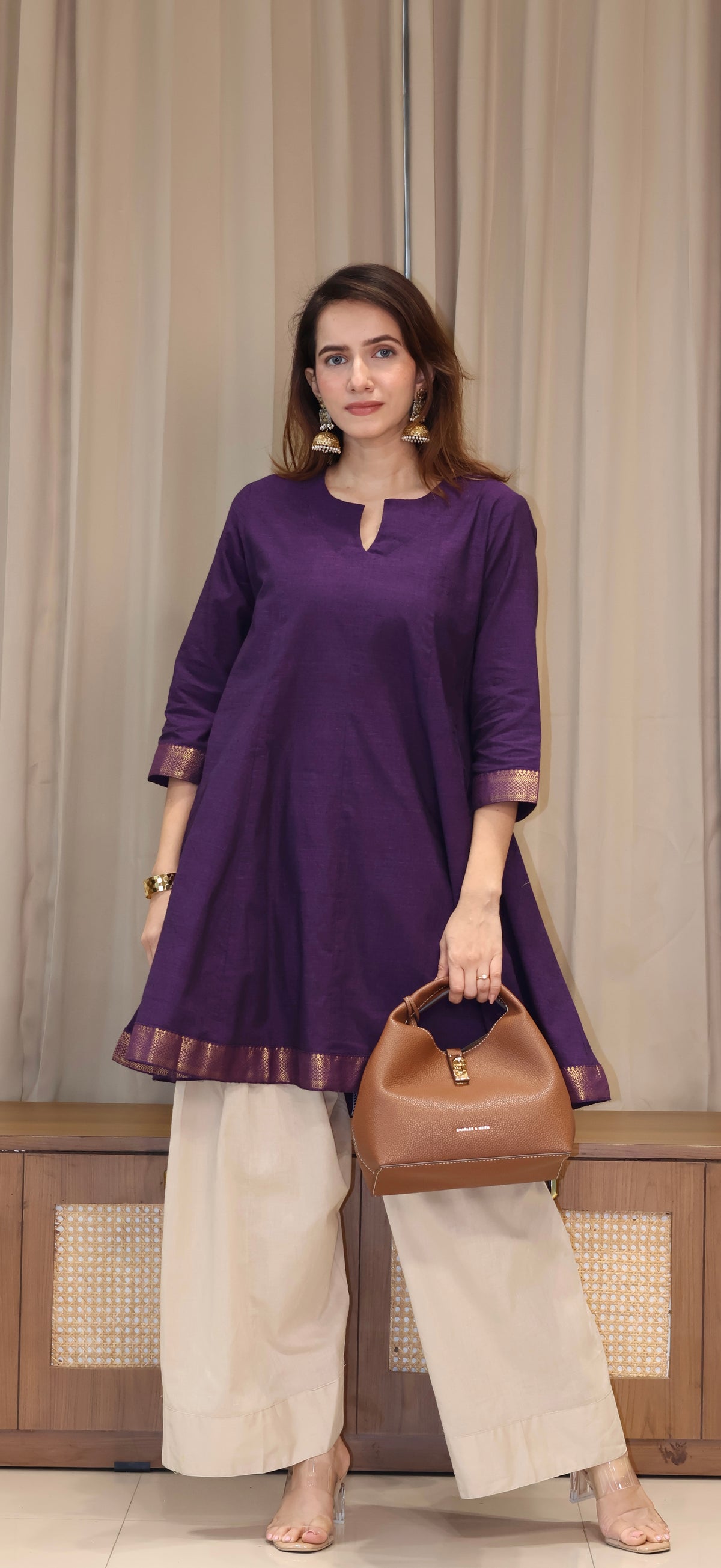 Kareena Mangalgiri Cotton Kali Kurta Set With Nizam Border - Purple