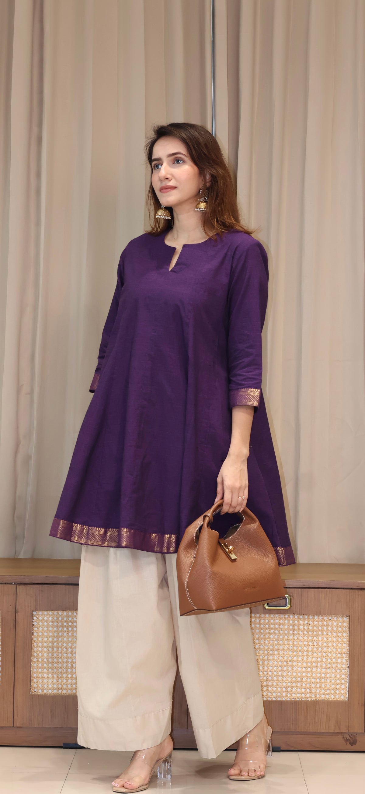 Kareena Mangalgiri Cotton Kali Kurta Set With Nizam Border - Purple