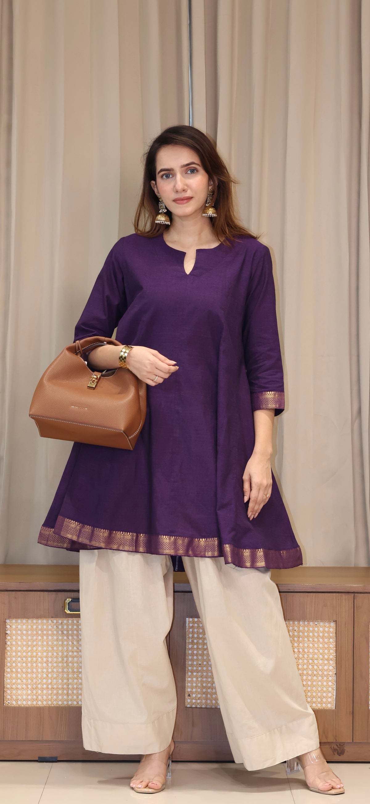 Kareena Mangalgiri Cotton Kali Kurta Set With Nizam Border - Purple