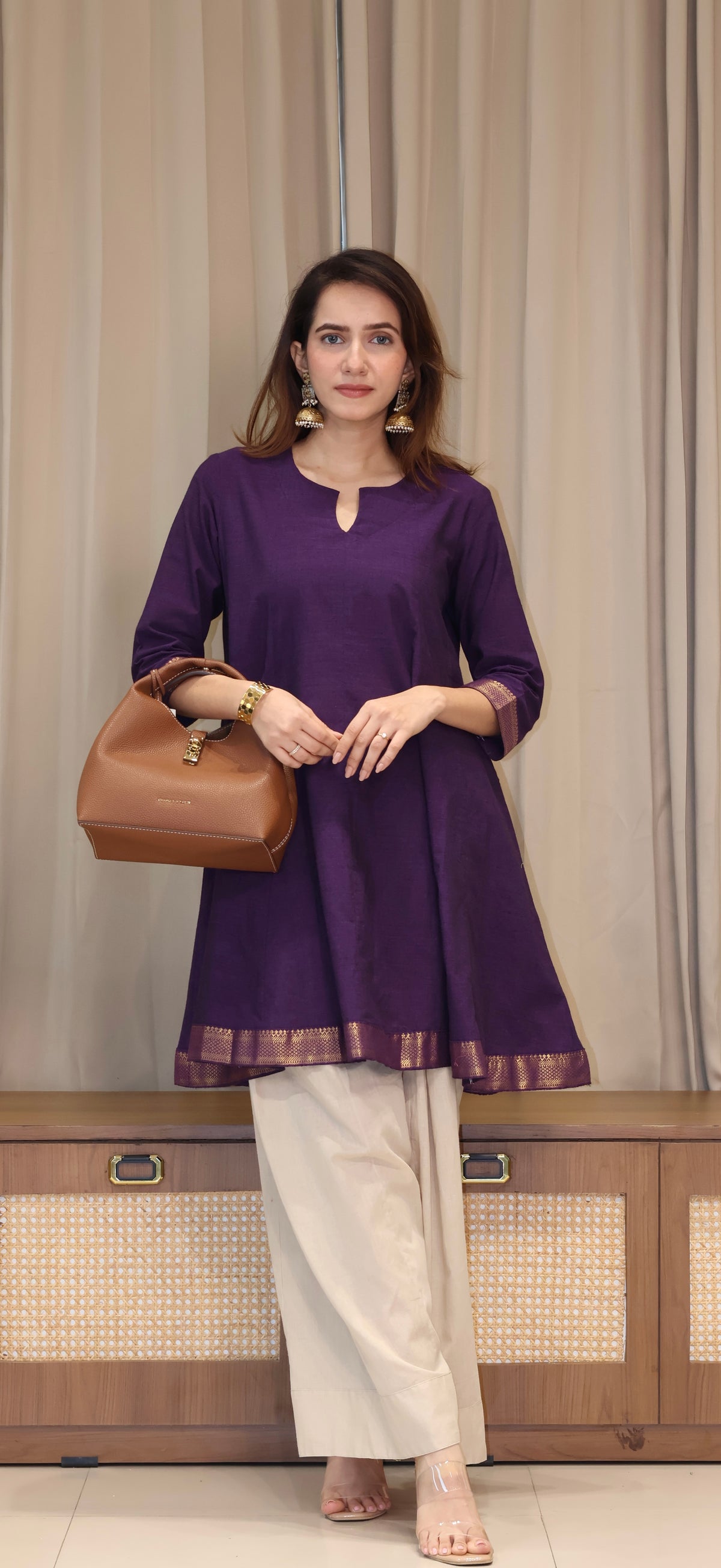 Kareena Mangalgiri Cotton Kali Kurta Set With Nizam Border - Purple