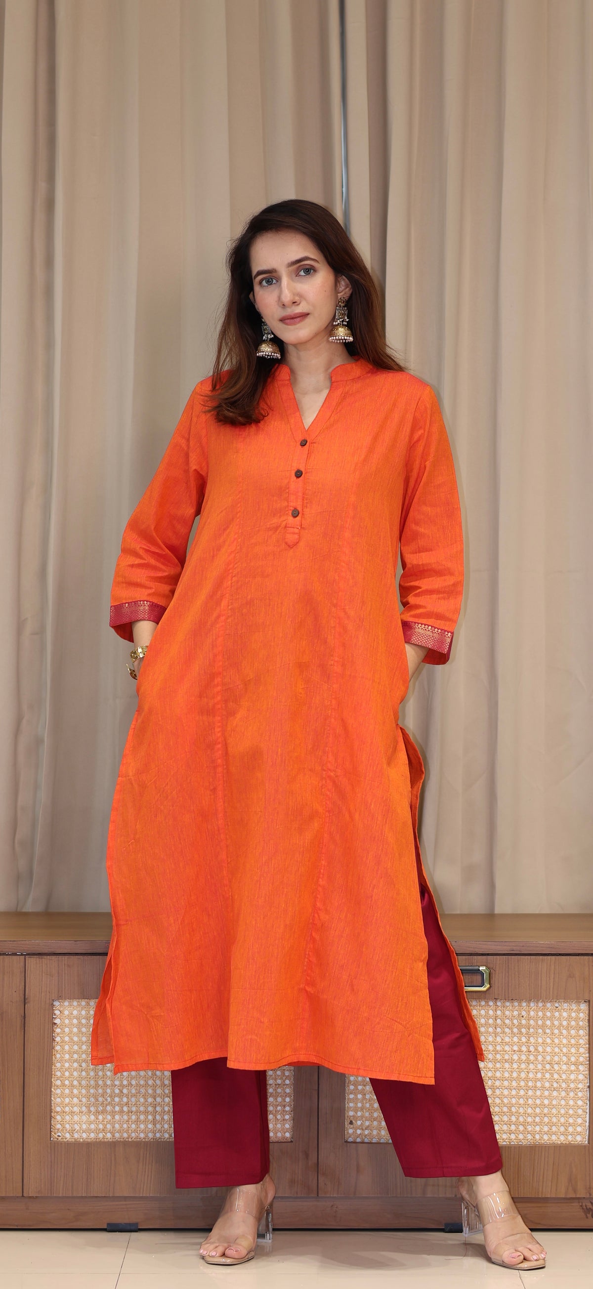Vanessa Mangalgiri Cotton Kali Kurta With Nizam Border - Orange