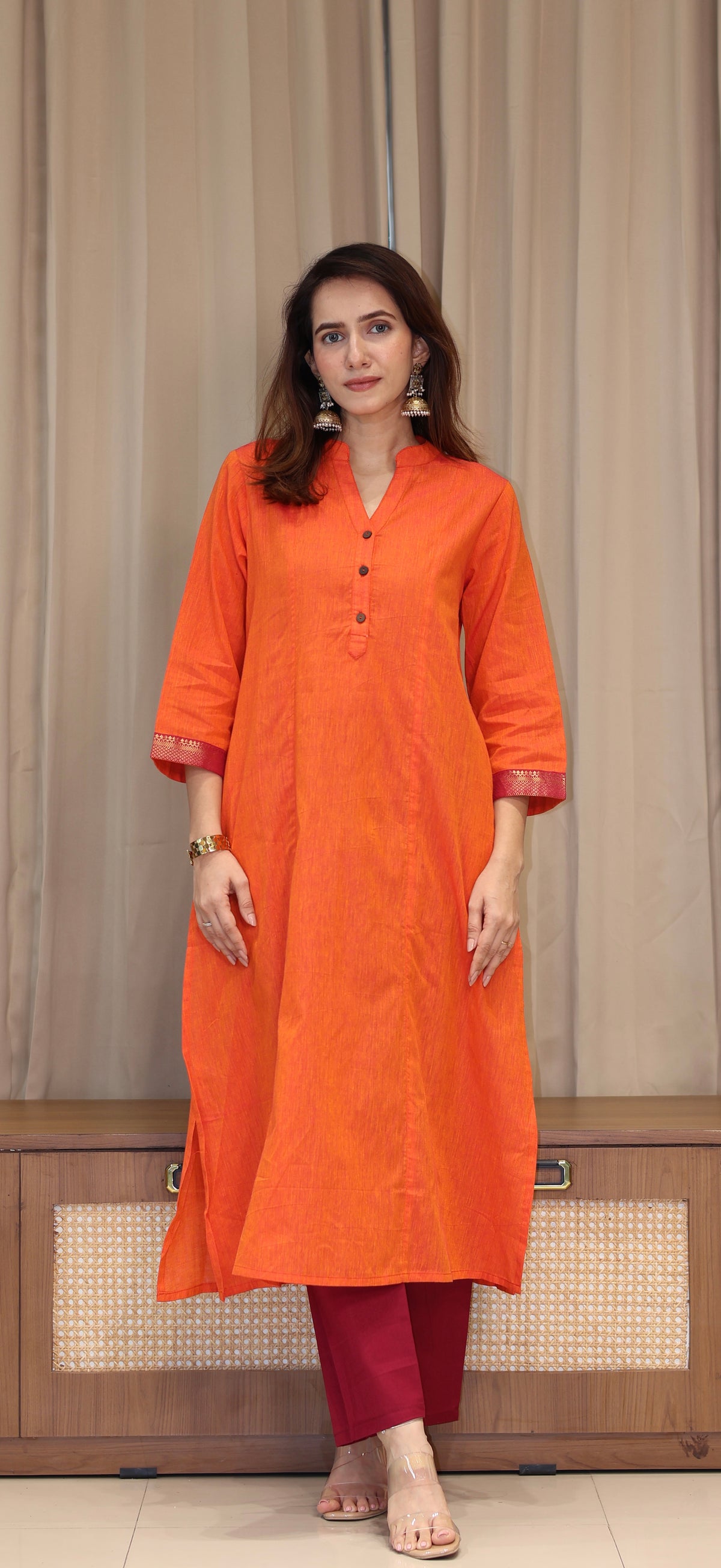 Vanessa Mangalgiri Cotton Kali Kurta With Nizam Border - Orange