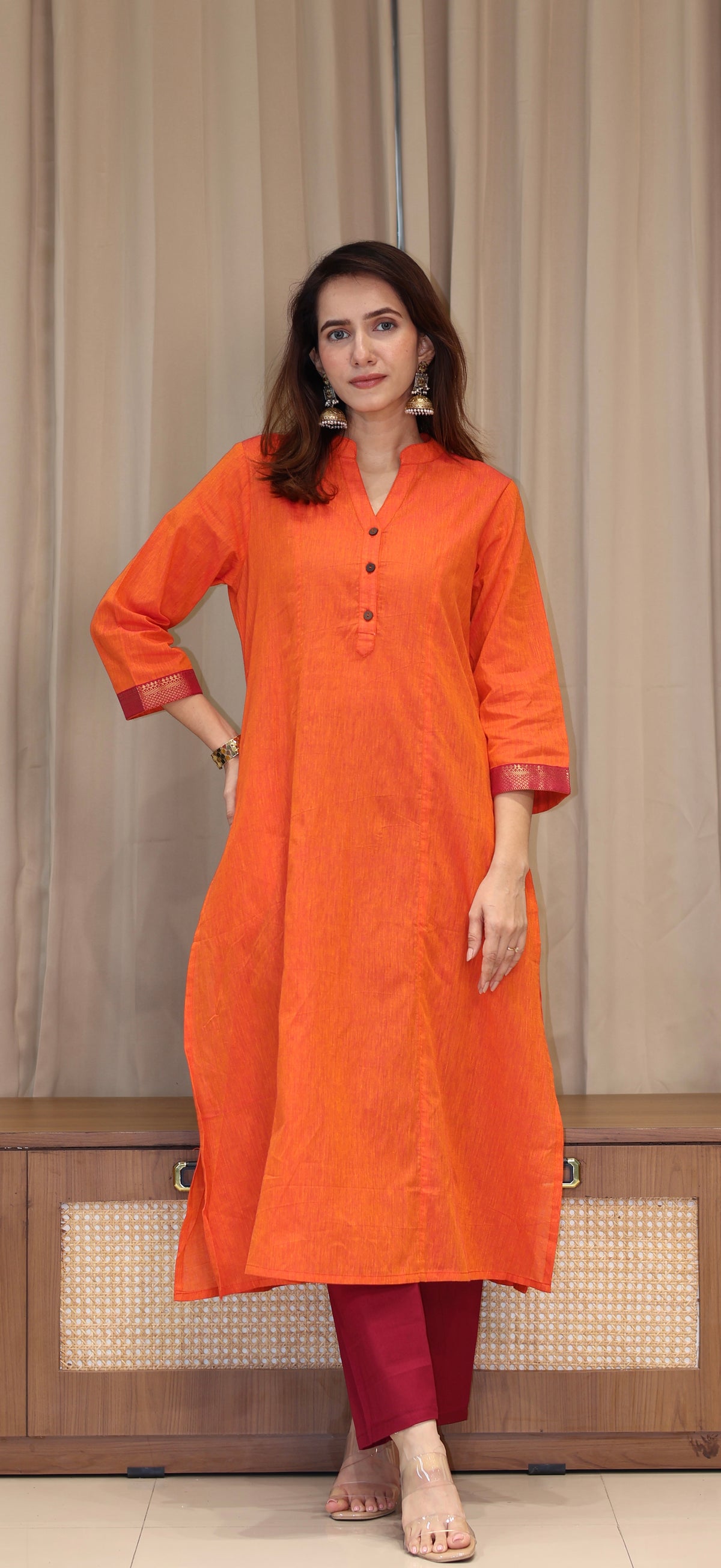 Vanessa Mangalgiri Cotton Kali Kurta With Nizam Border - Orange