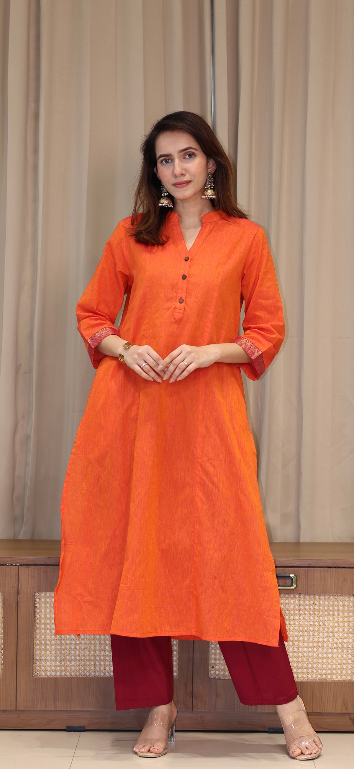 Vanessa Mangalgiri Cotton Kali Kurta With Nizam Border - Orange