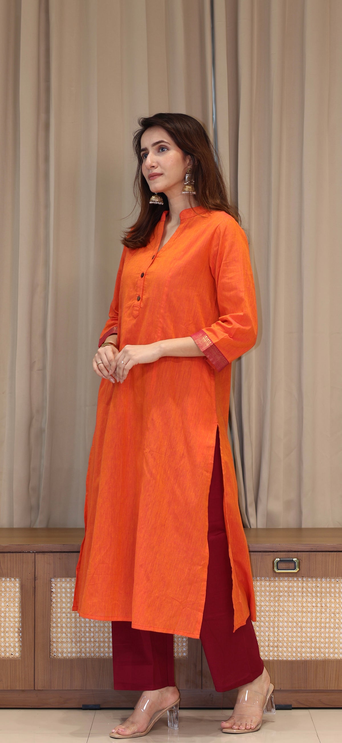 Vanessa Mangalgiri Cotton Kali Kurta With Nizam Border - Orange