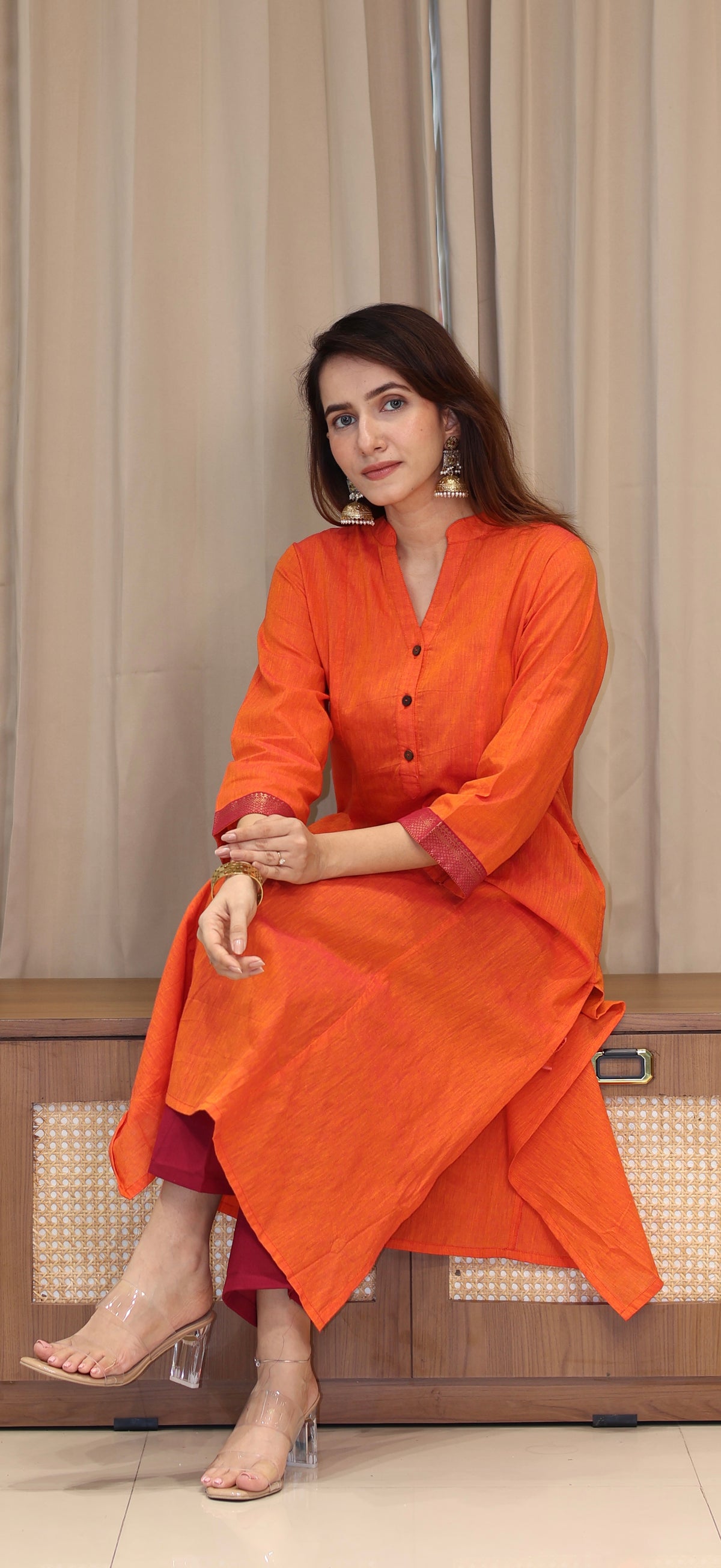 Vanessa Mangalgiri Cotton Kali Kurta With Nizam Border - Orange