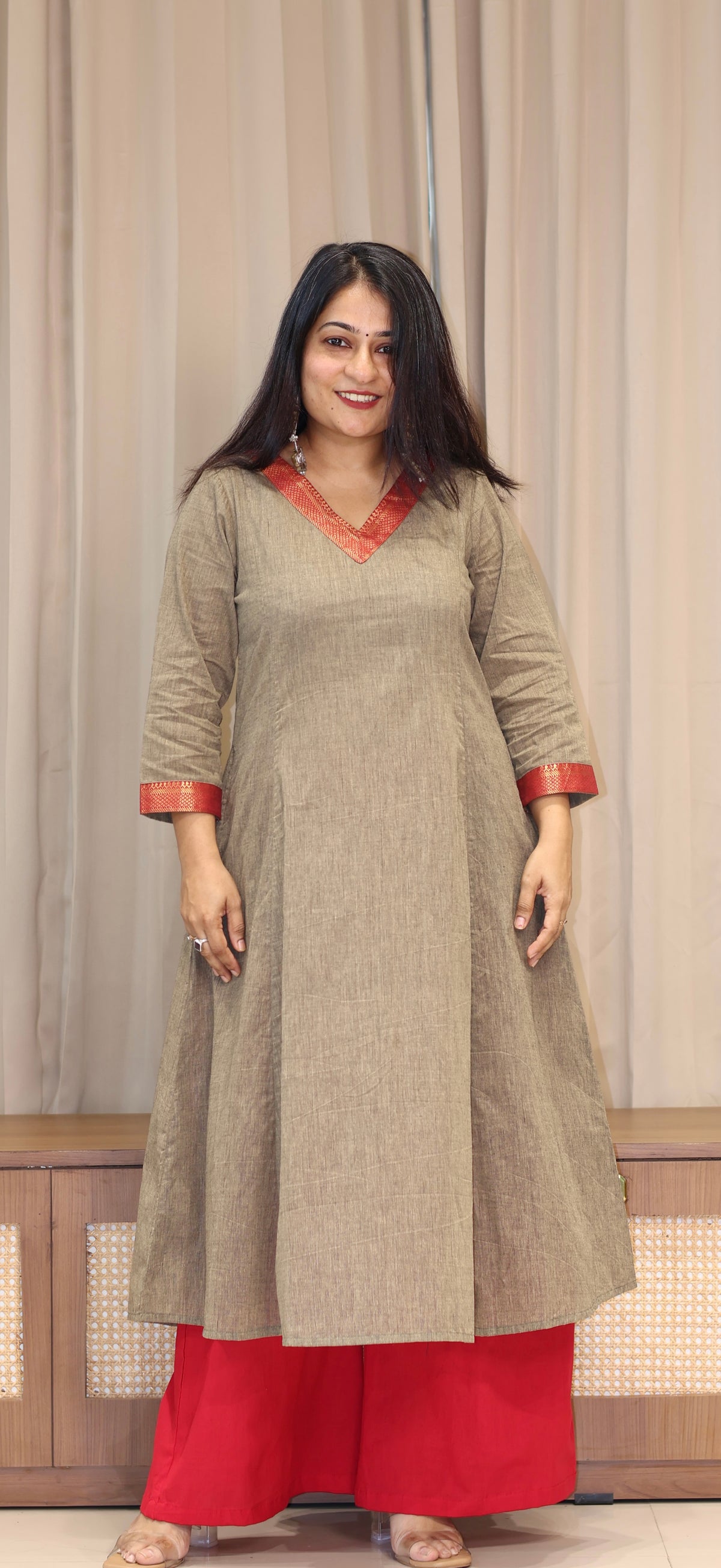 Yaashi Mangalgiri Cotton Kali Kurta With Nizam Border - Camel