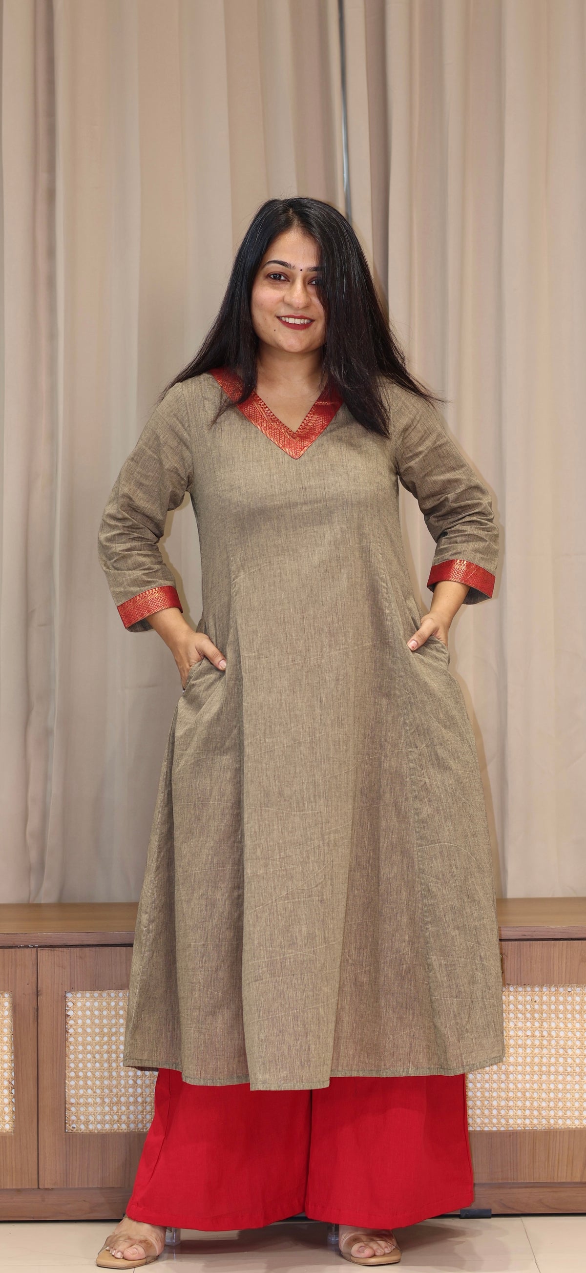 Yaashi Mangalgiri Cotton Kali Kurta With Nizam Border - Camel
