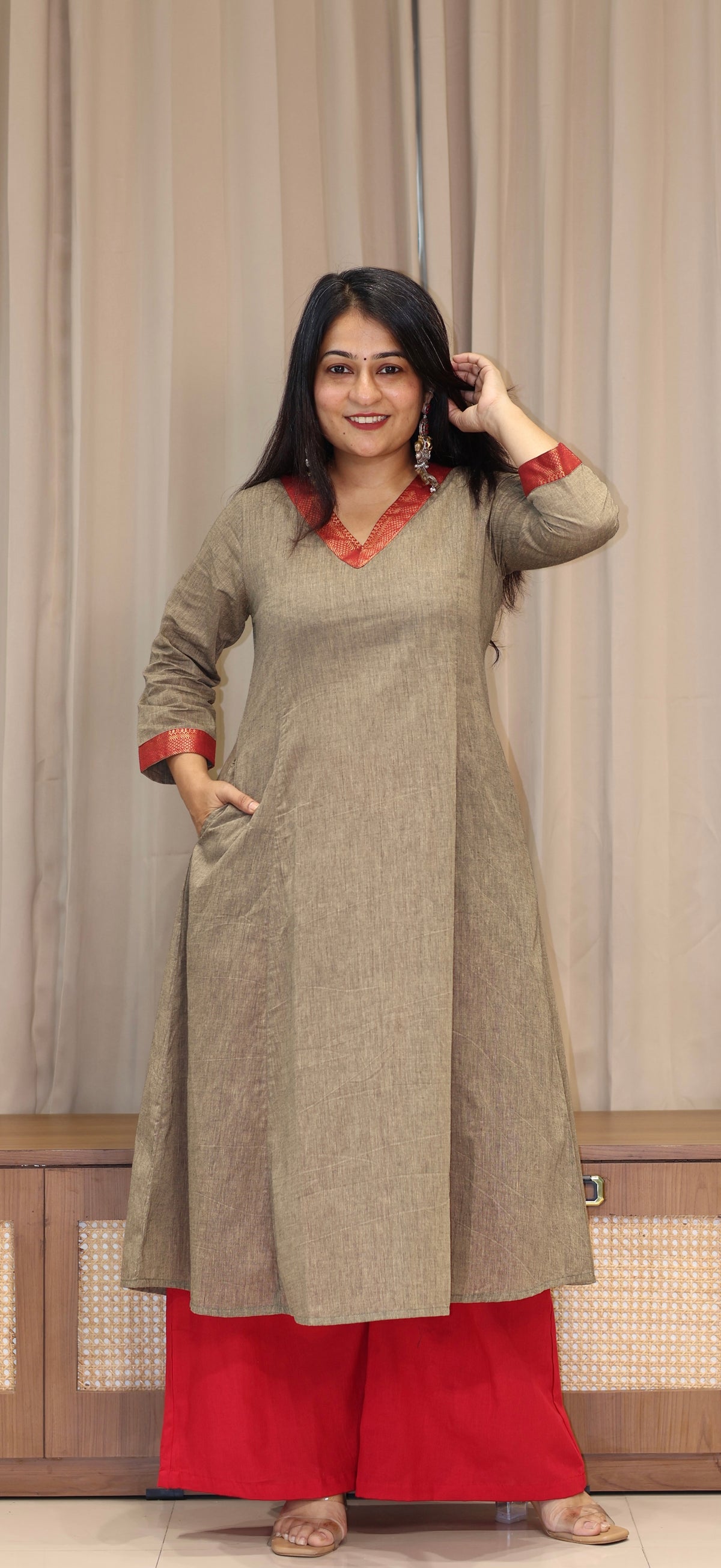 Yaashi Mangalgiri Cotton Kali Kurta With Nizam Border - Camel