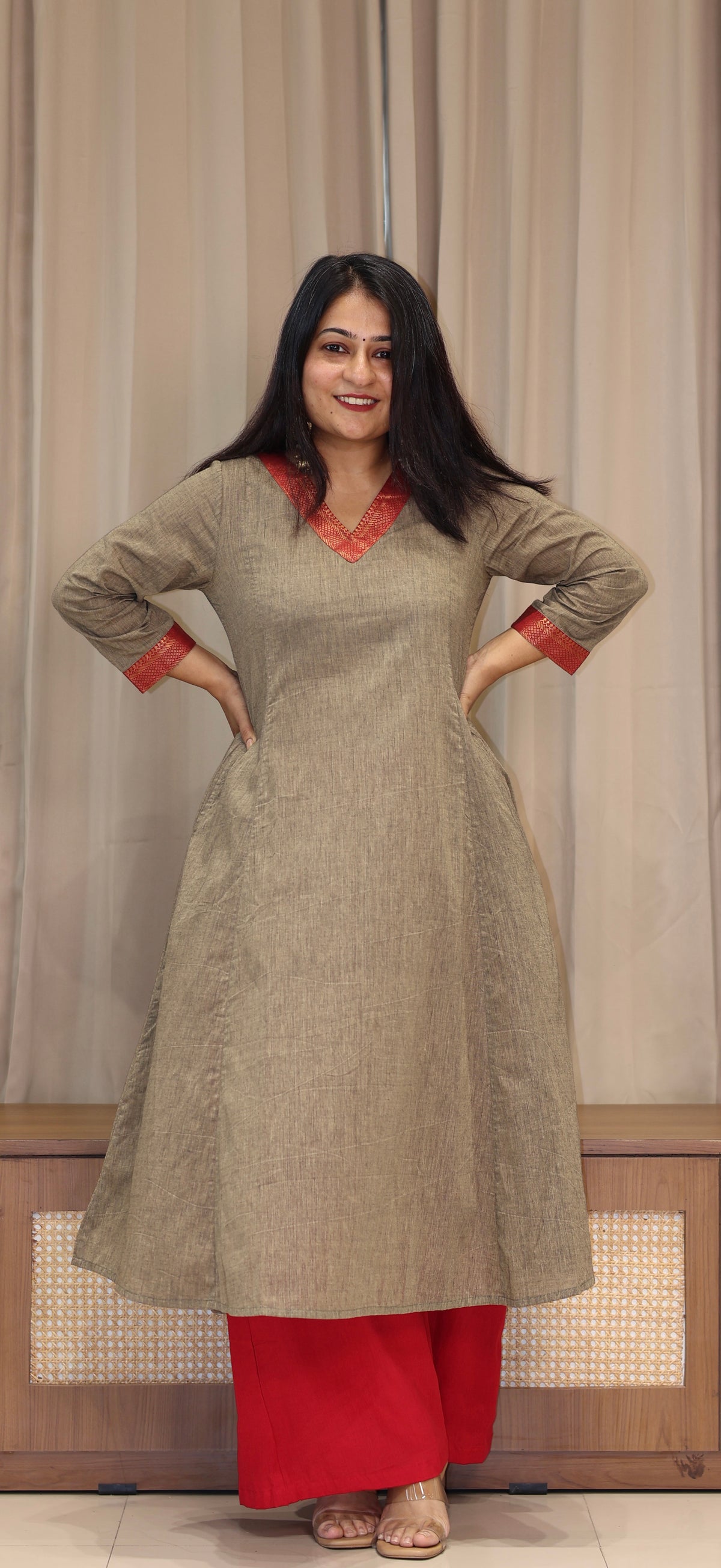 Yaashi Mangalgiri Cotton Kali Kurta With Nizam Border - Camel