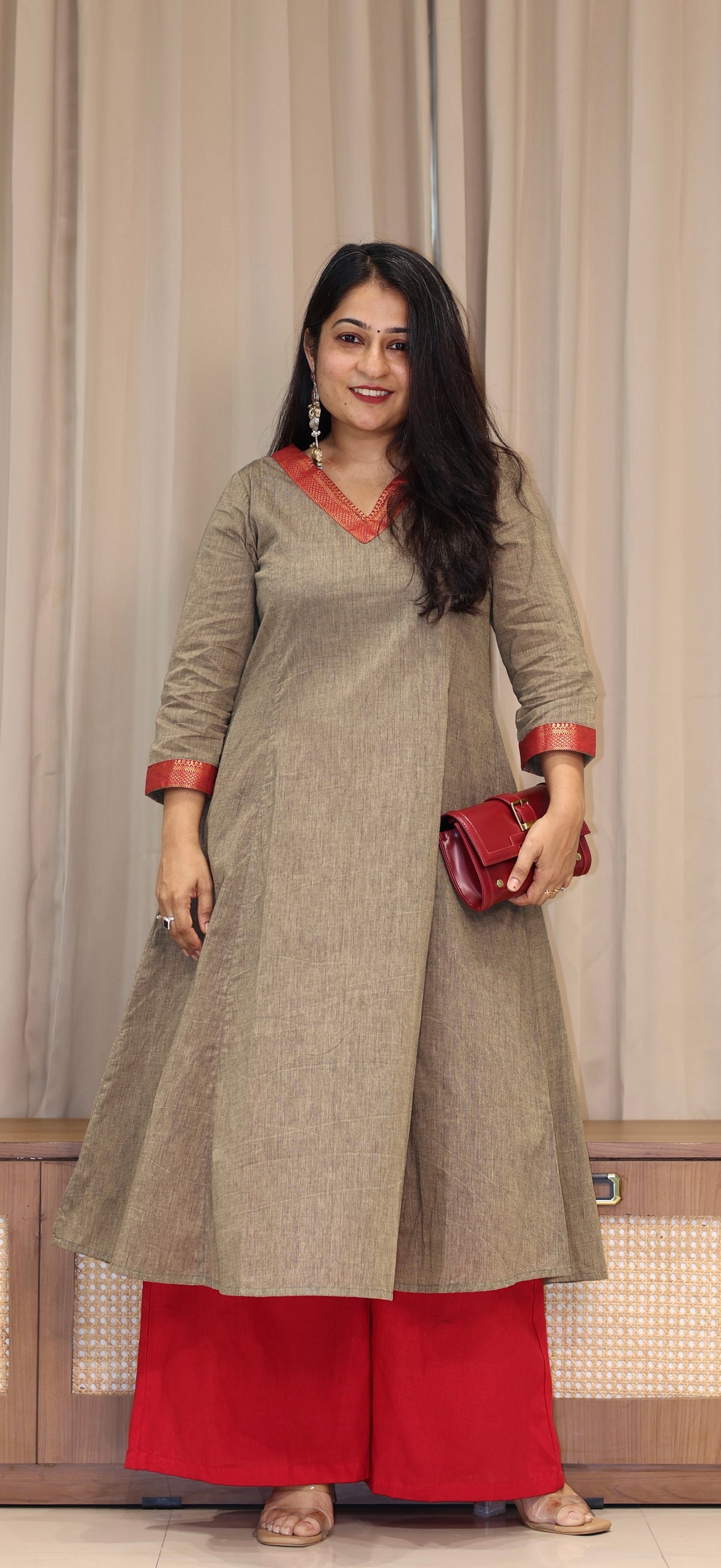 Yaashi Mangalgiri Cotton Kali Kurta With Nizam Border - Camel