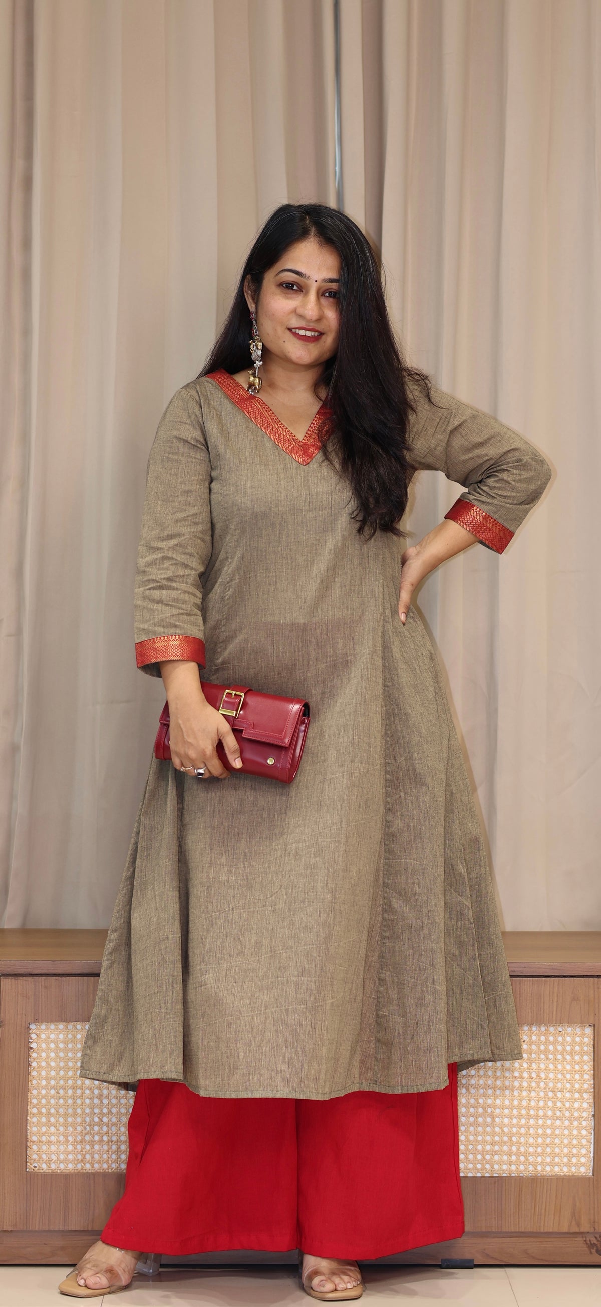 Yaashi Mangalgiri Cotton Kali Kurta With Nizam Border - Camel