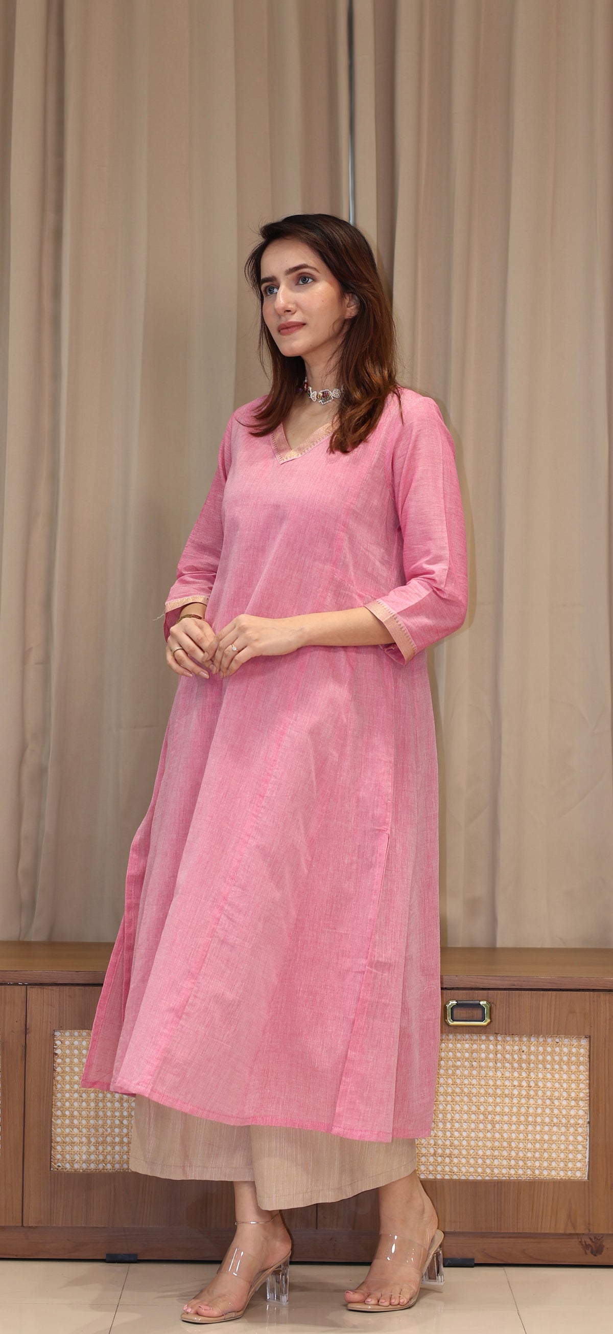 Tithya Mangalgiri Cotton Kali Kurta With Nizam Border - Baby Pink