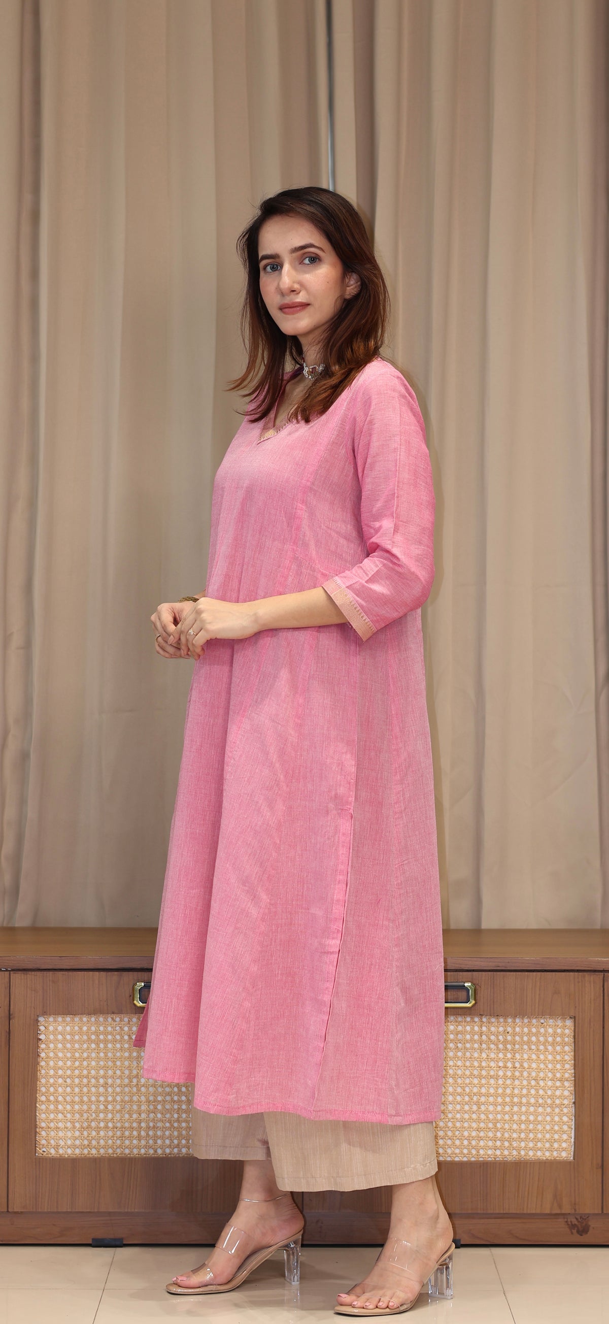 Tithya Mangalgiri Cotton Kali Kurta With Nizam Border - Baby Pink