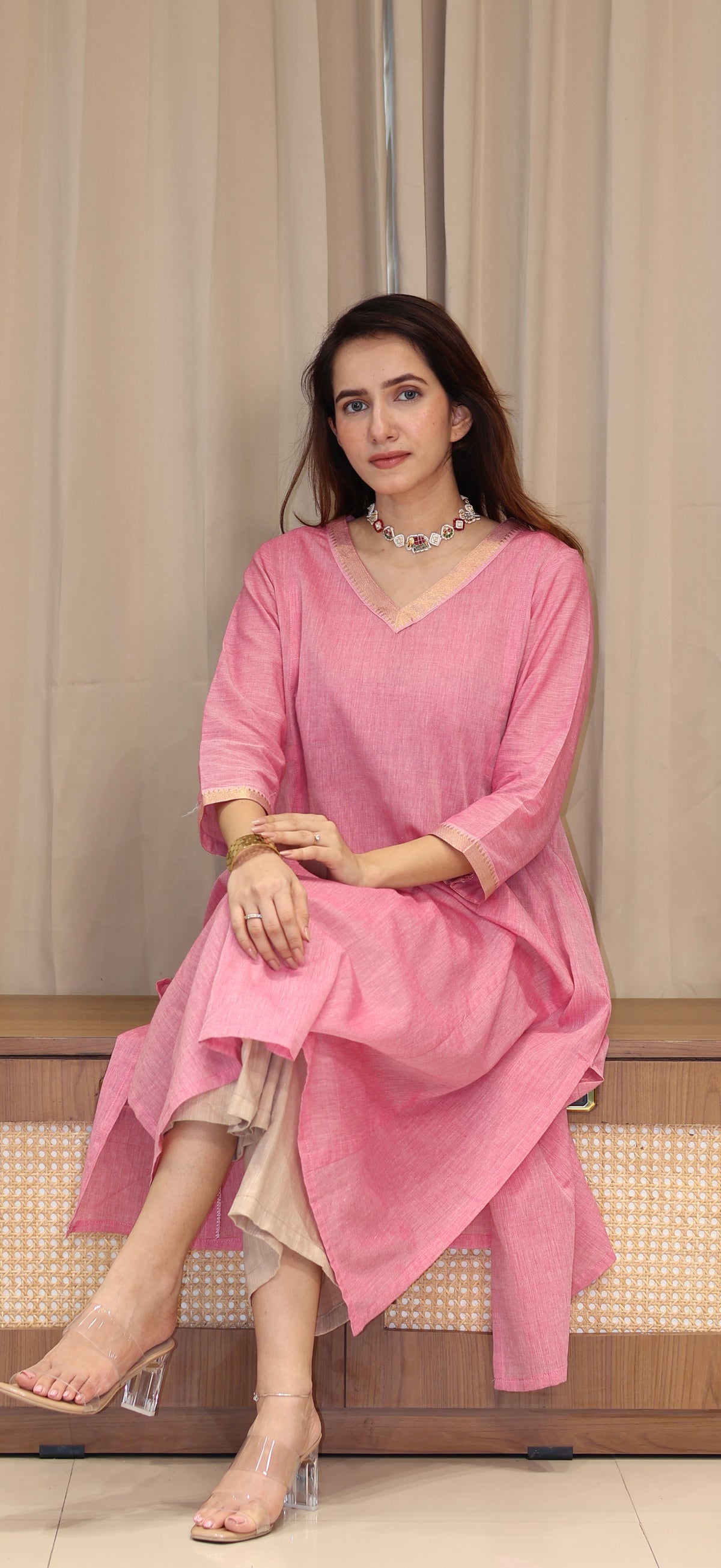 Tithya Mangalgiri Cotton Kali Kurta With Nizam Border - Baby Pink
