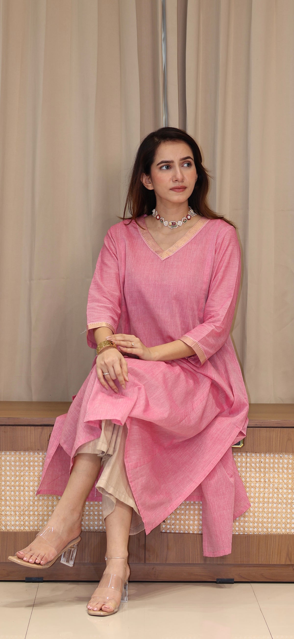Tithya Mangalgiri Cotton Kali Kurta With Nizam Border - Baby Pink