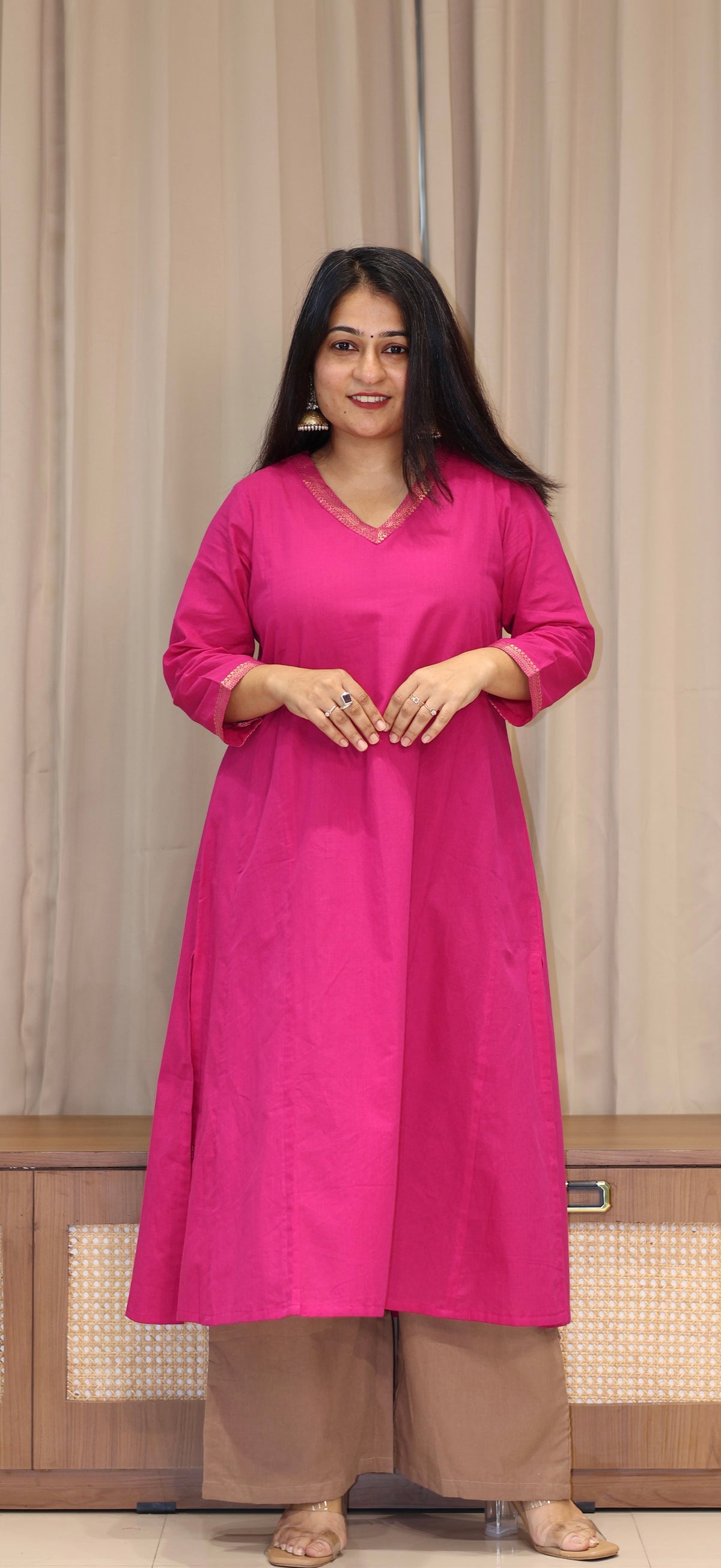 Aarisha Mangalgiri Cotton Kali Kurta With Nizam Border - Rani Pink