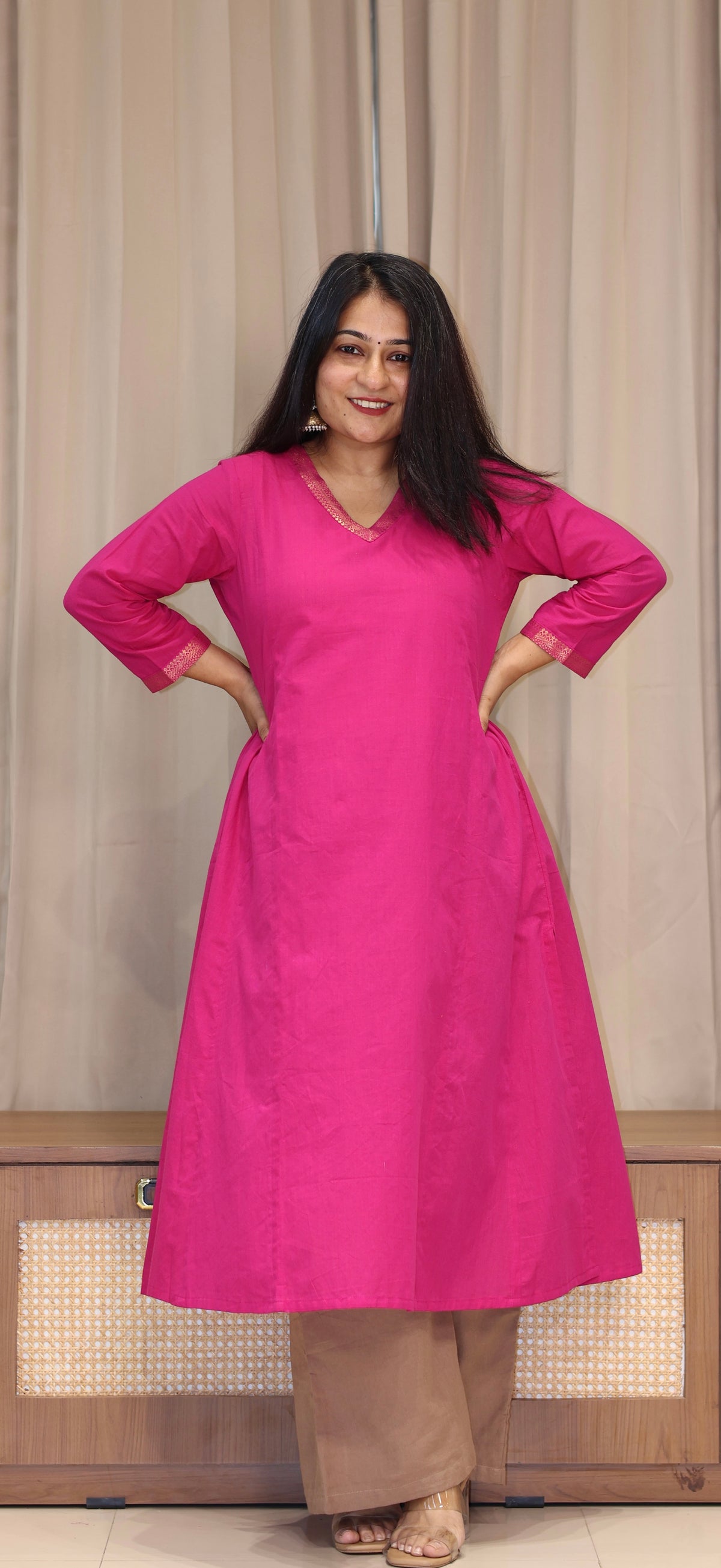 Aarisha Mangalgiri Cotton Kali Kurta With Nizam Border - Rani Pink