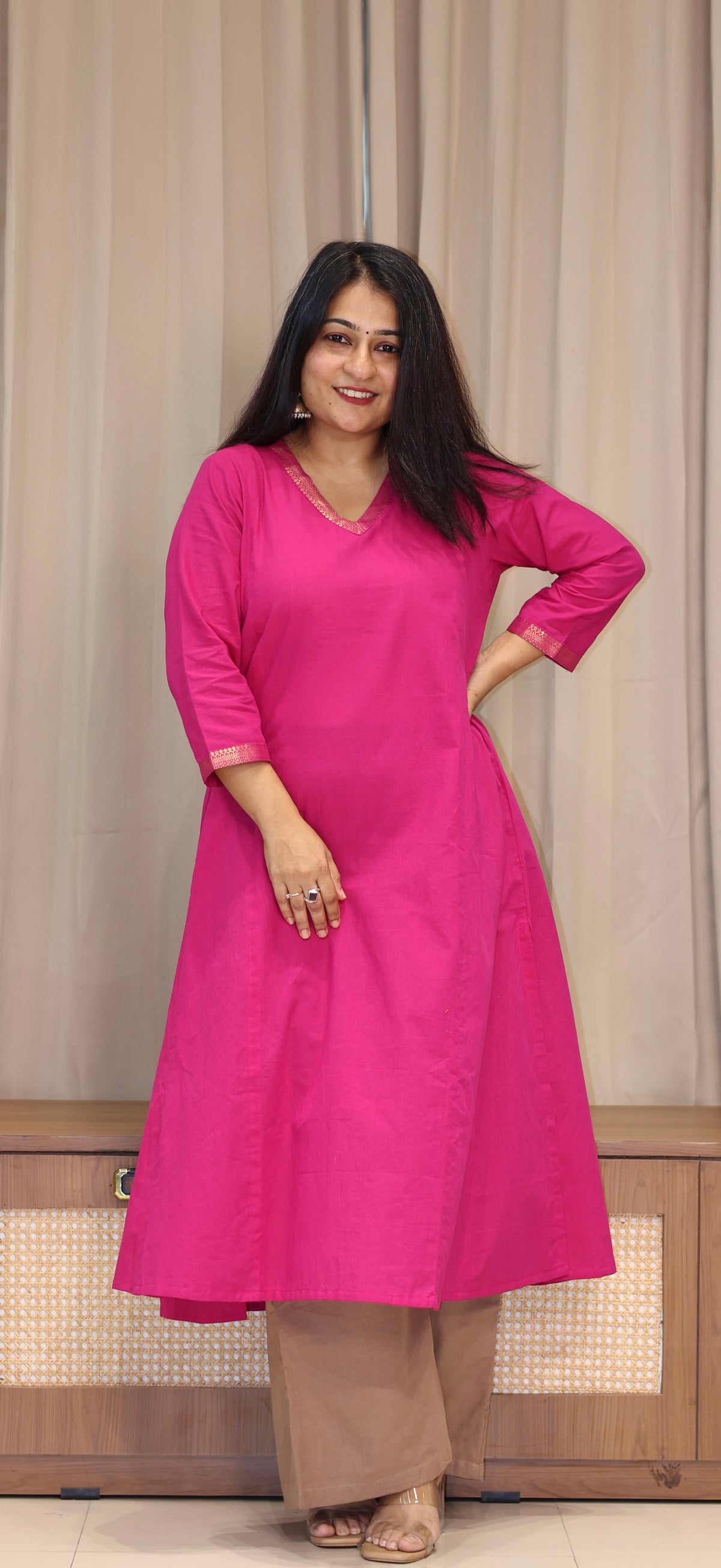 Aarisha Mangalgiri Cotton Kali Kurta With Nizam Border - Rani Pink