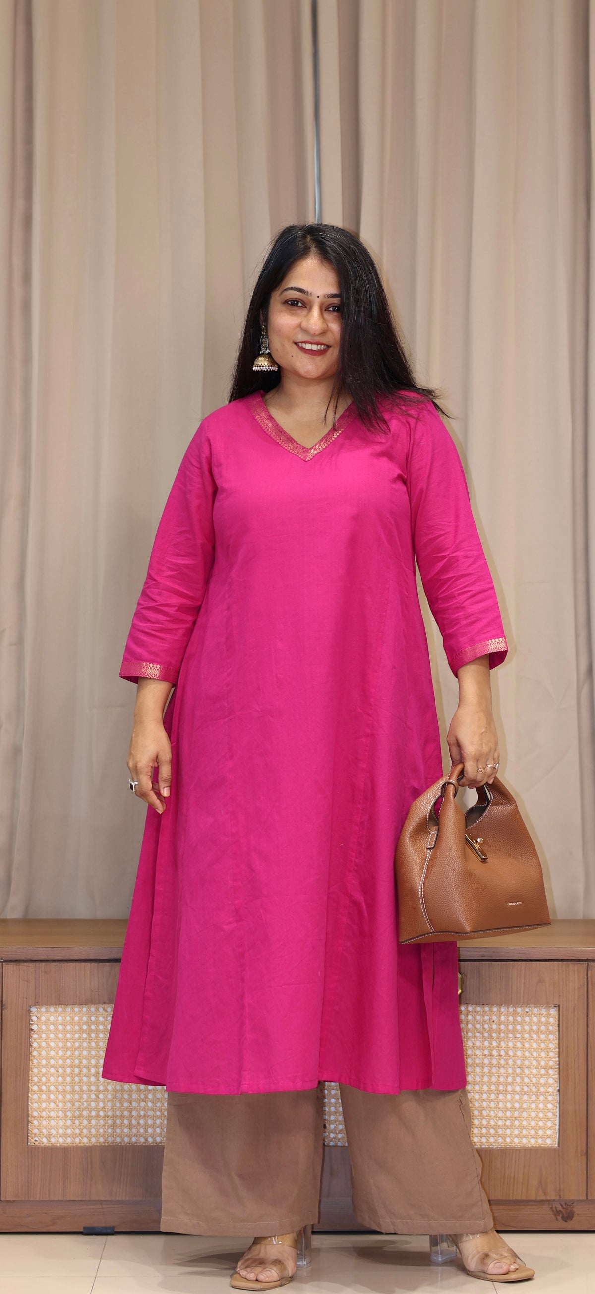 Aarisha Mangalgiri Cotton Kali Kurta With Nizam Border - Rani Pink