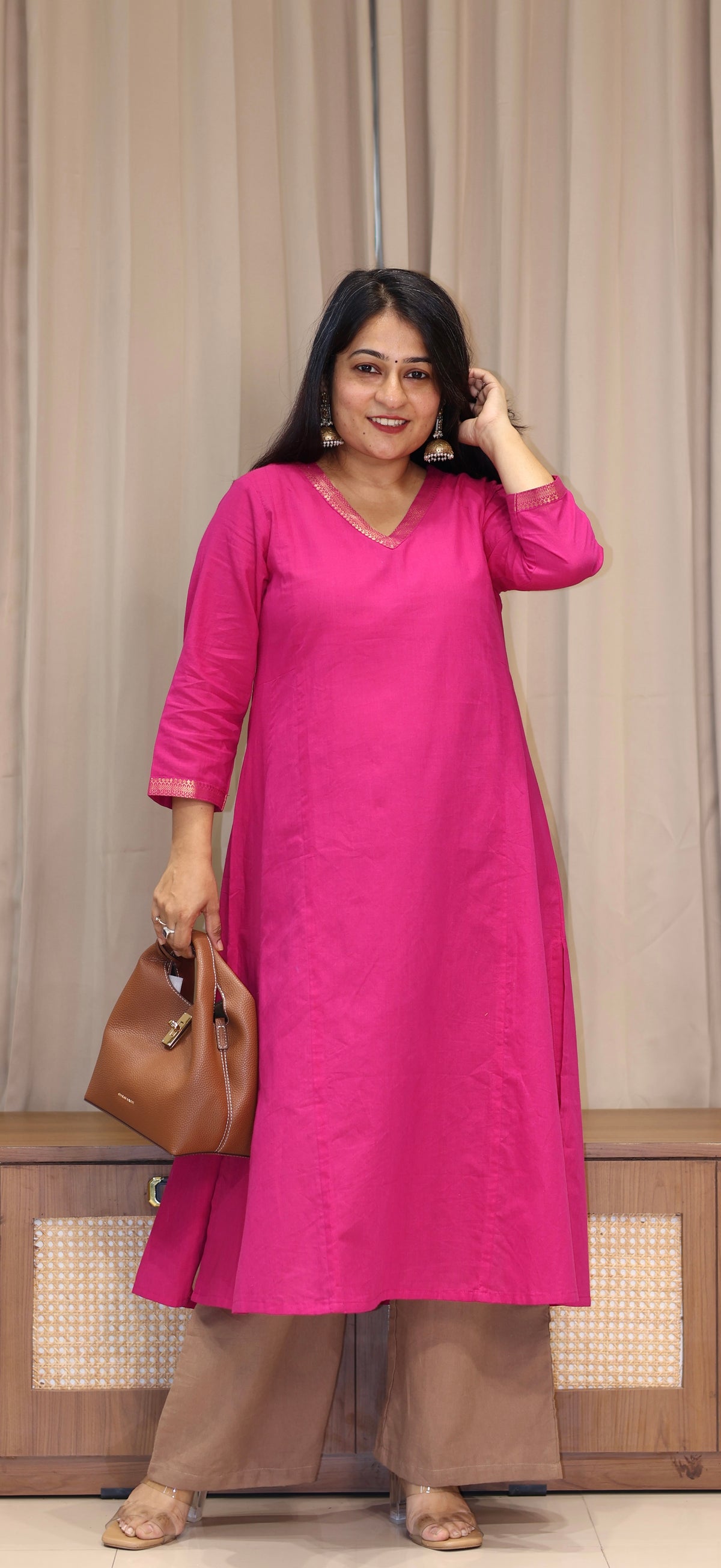 Aarisha Mangalgiri Cotton Kali Kurta With Nizam Border - Rani Pink