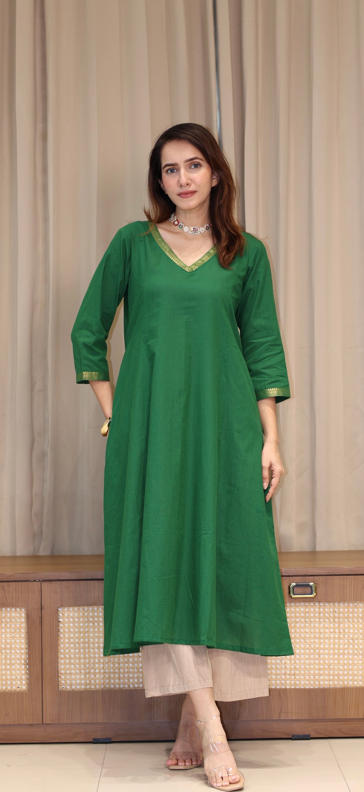 Paayal Mangalgiri Cotton Kali Kurta With Nizam Border - Dark Green