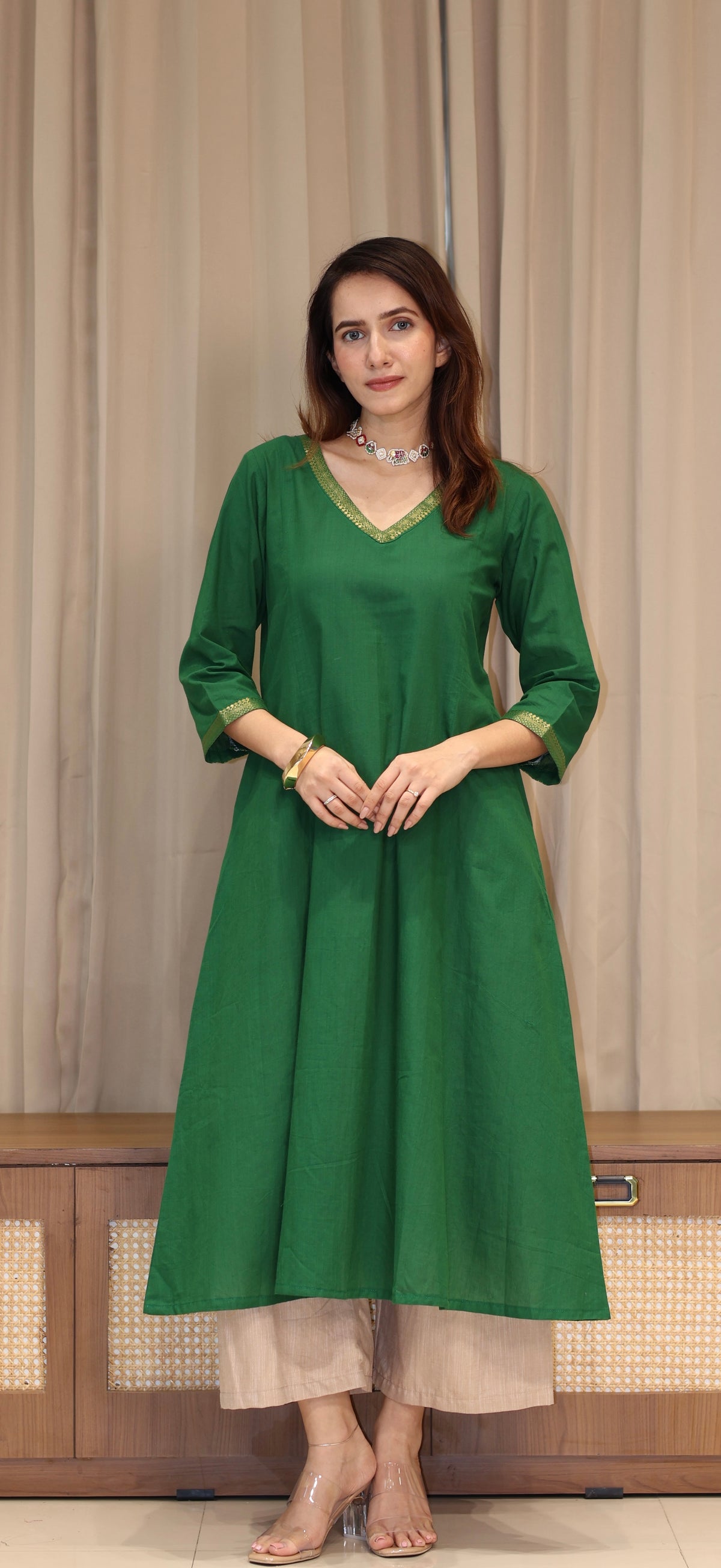 Paayal Mangalgiri Cotton Kali Kurta With Nizam Border - Dark Green