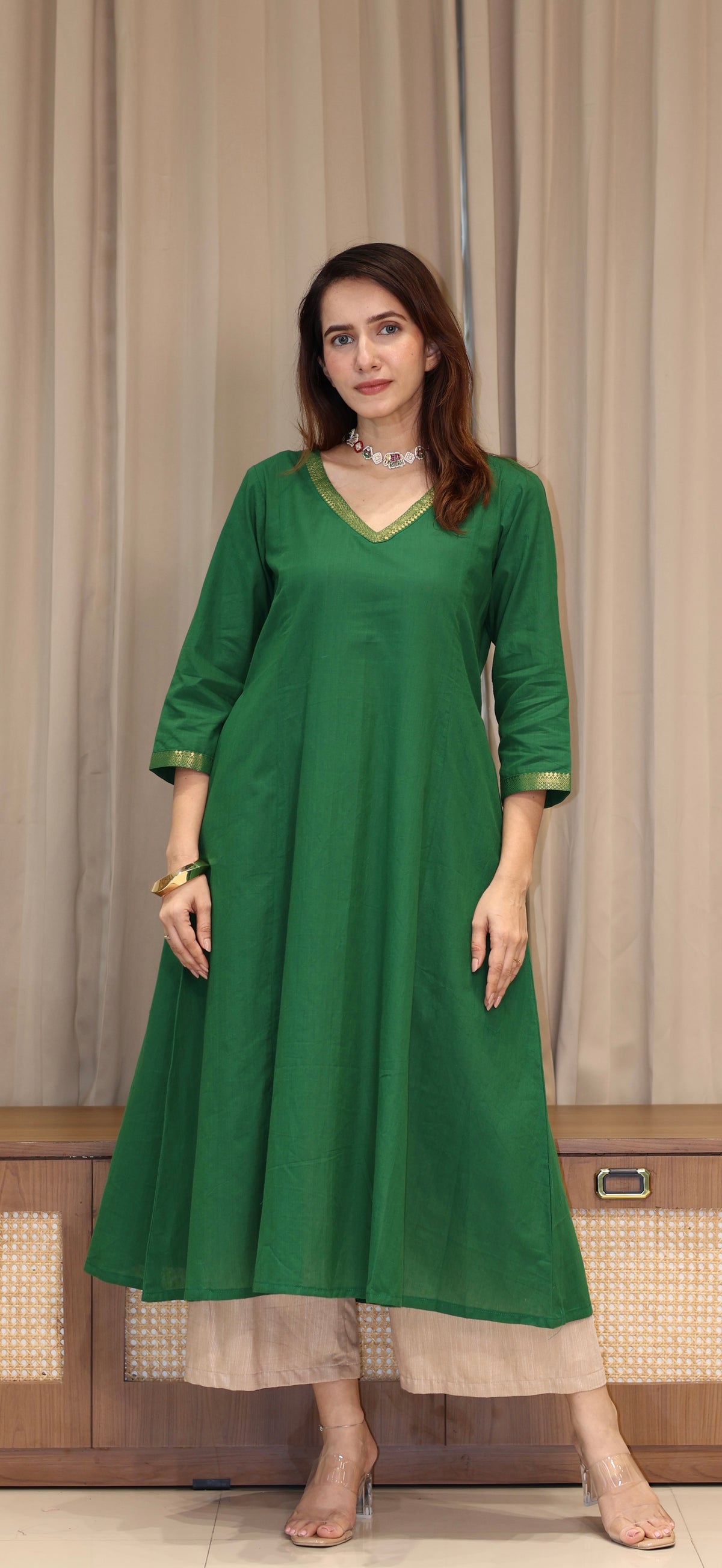 Paayal Mangalgiri Cotton Kali Kurta With Nizam Border - Dark Green