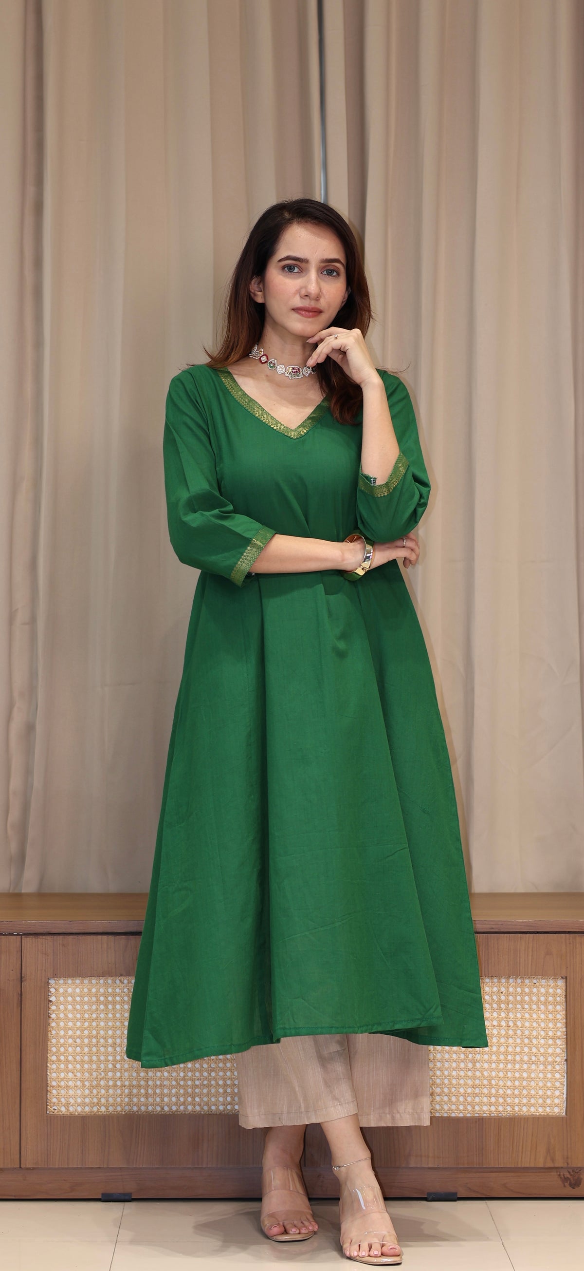 Paayal Mangalgiri Cotton Kali Kurta With Nizam Border - Dark Green
