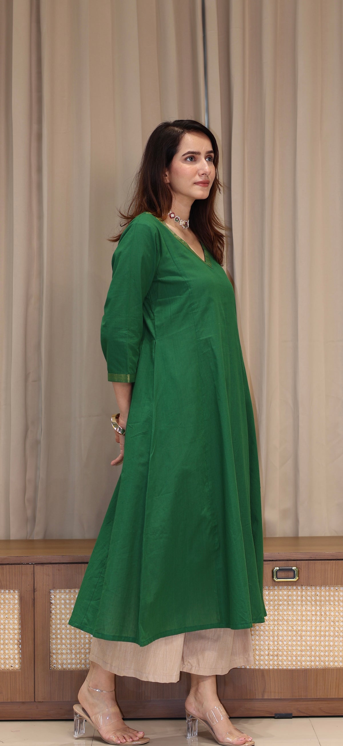 Paayal Mangalgiri Cotton Kali Kurta With Nizam Border - Dark Green