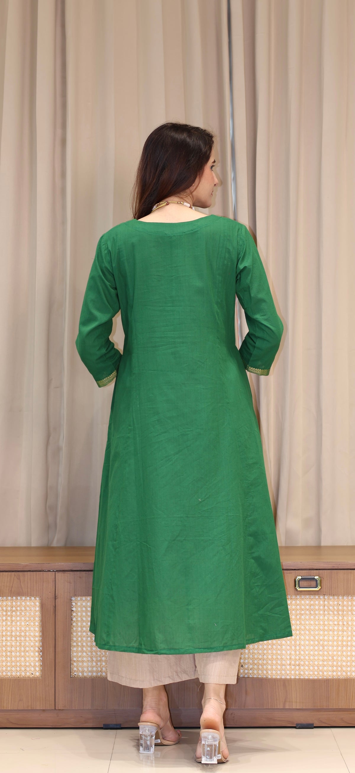 Paayal Mangalgiri Cotton Kali Kurta With Nizam Border - Dark Green