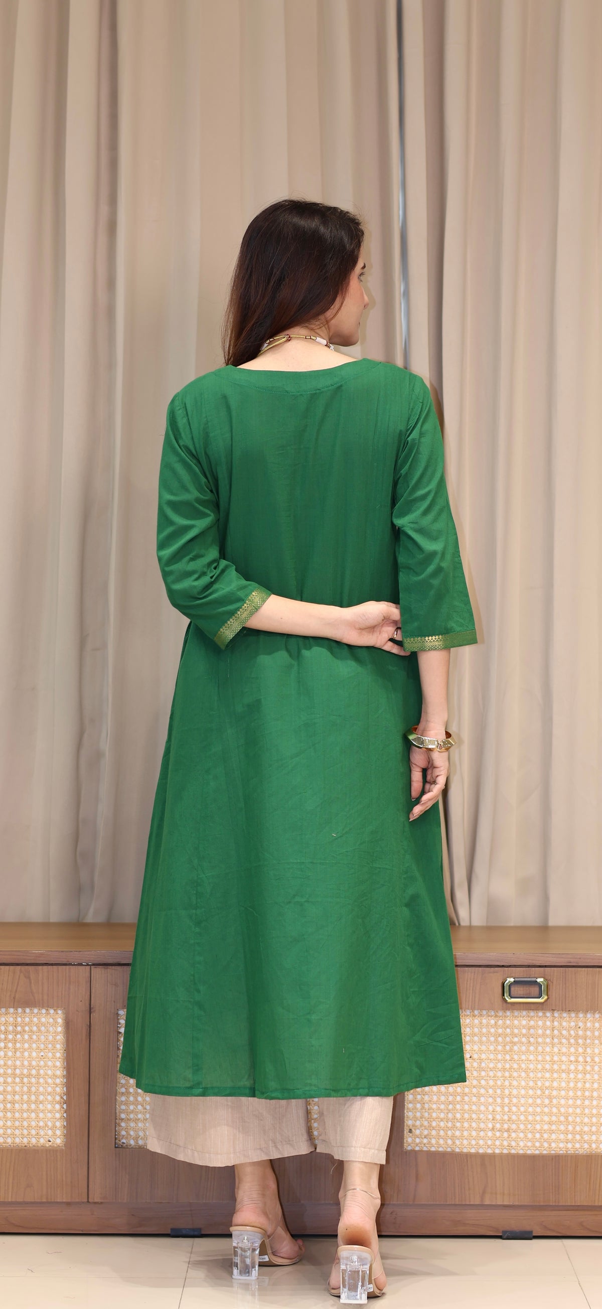 Paayal Mangalgiri Cotton Kali Kurta With Nizam Border - Dark Green