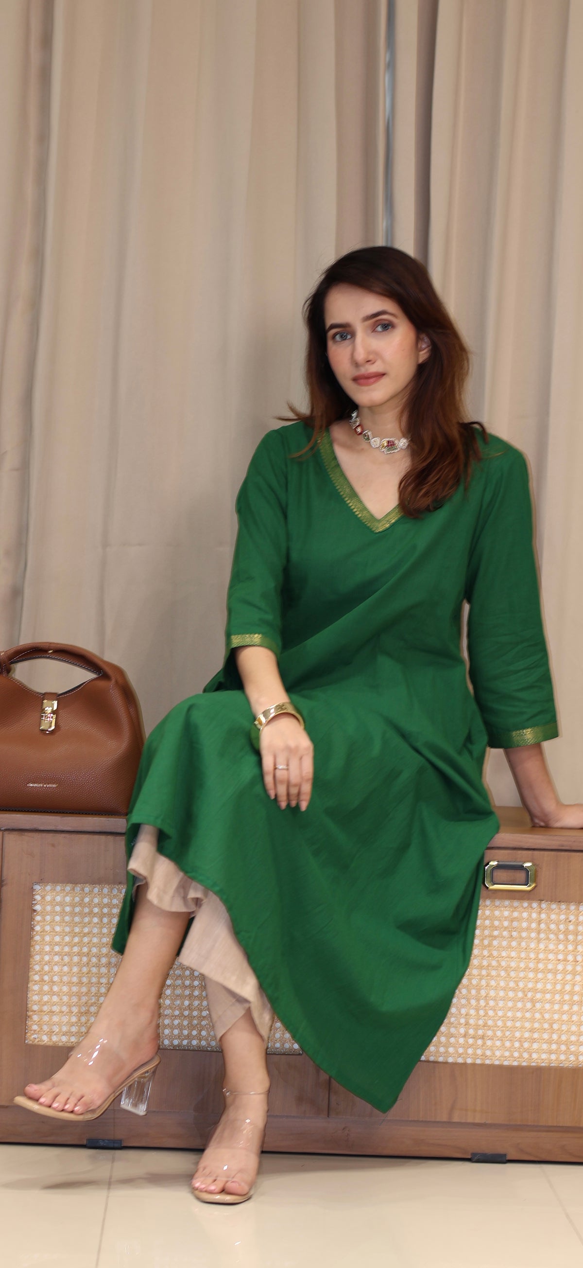 Paayal Mangalgiri Cotton Kali Kurta With Nizam Border - Dark Green