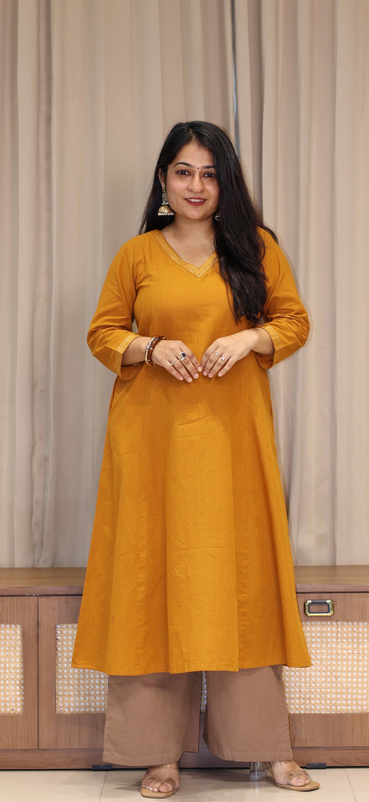Vrusha Mangalgiri Cotton Kali Kurta With Nizam Border - Mustard
