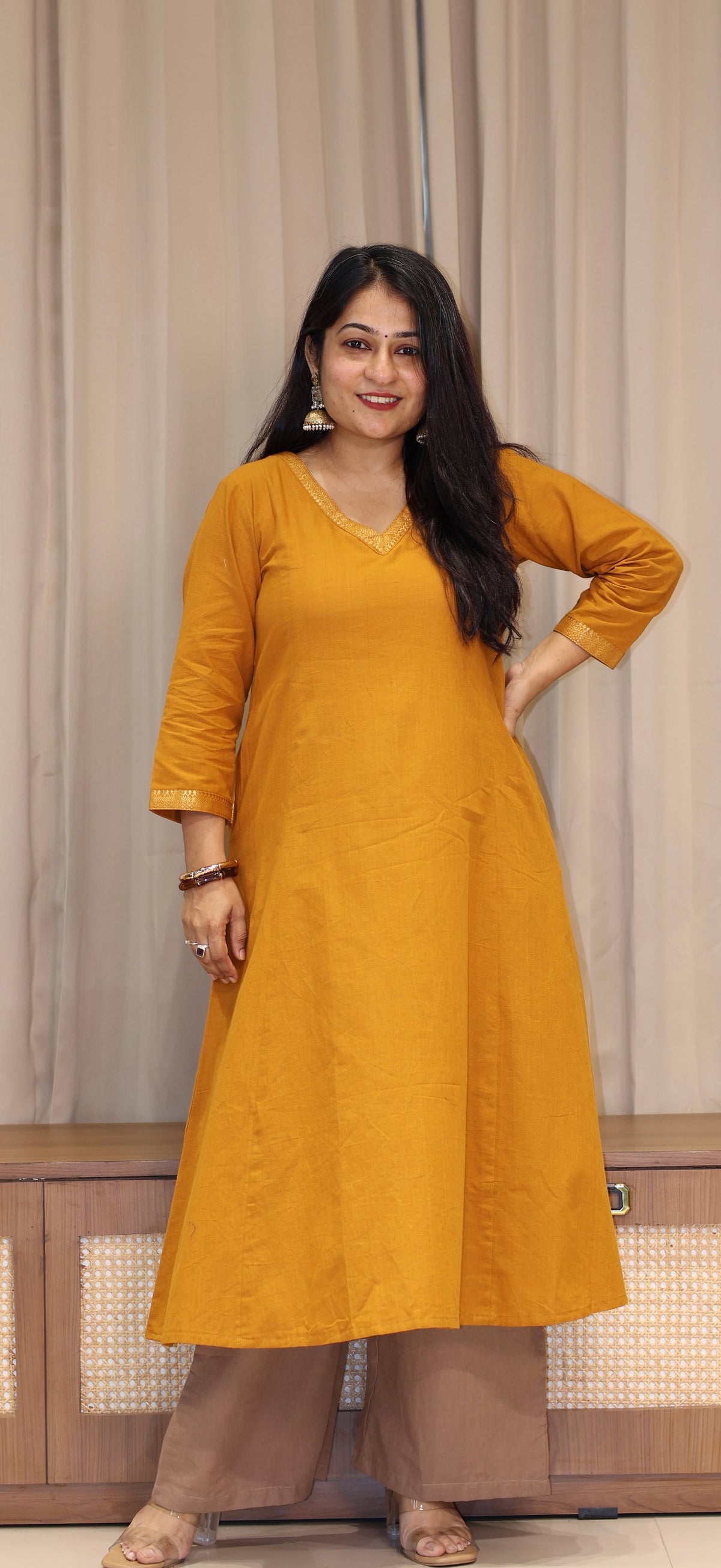 Vrusha Mangalgiri Cotton Kali Kurta With Nizam Border - Mustard