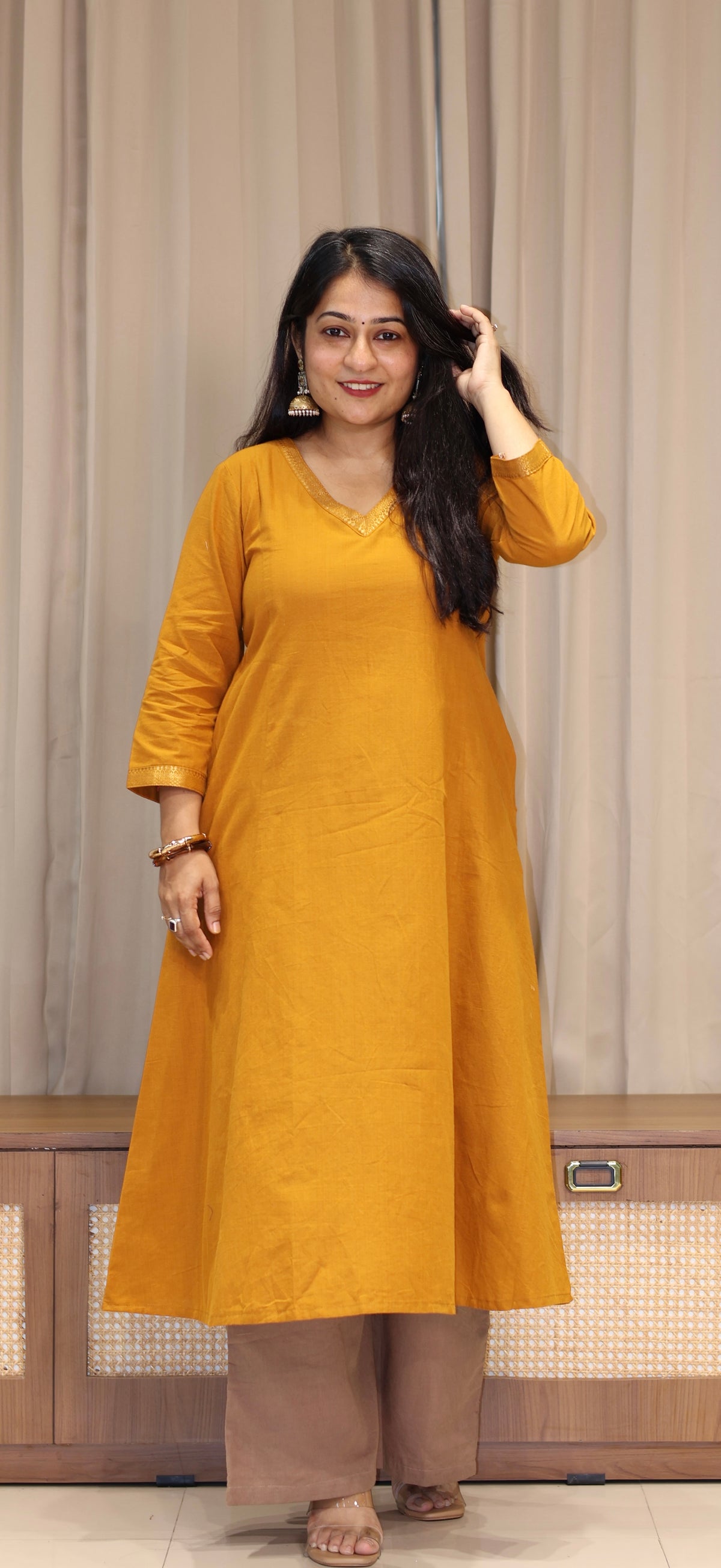 Vrusha Mangalgiri Cotton Kali Kurta With Nizam Border - Mustard