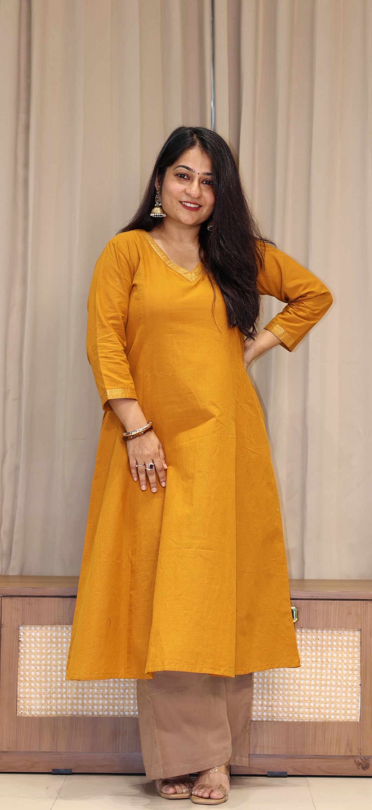 Vrusha Mangalgiri Cotton Kali Kurta With Nizam Border - Mustard