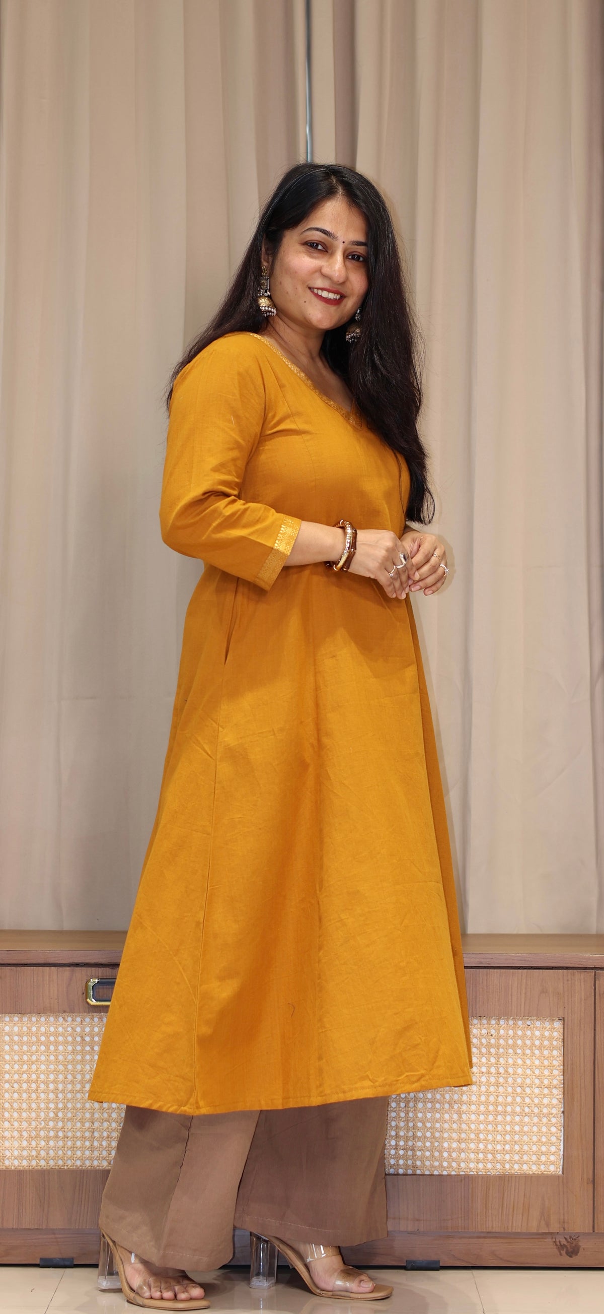 Vrusha Mangalgiri Cotton Kali Kurta With Nizam Border - Mustard