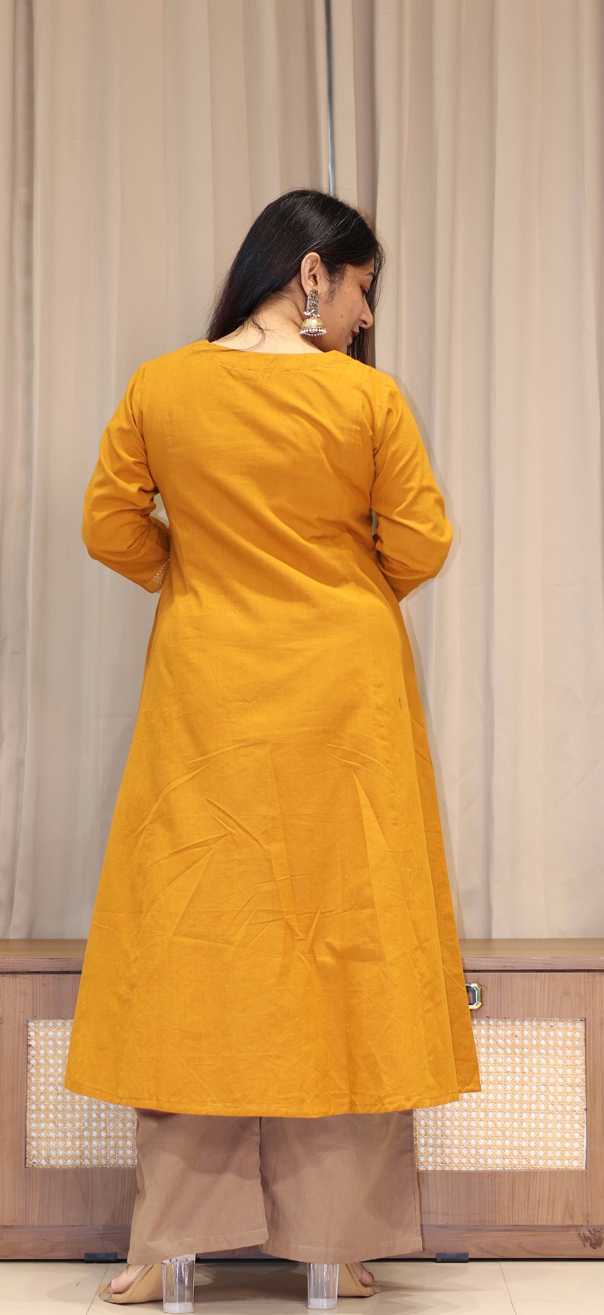 Vrusha Mangalgiri Cotton Kali Kurta With Nizam Border - Mustard