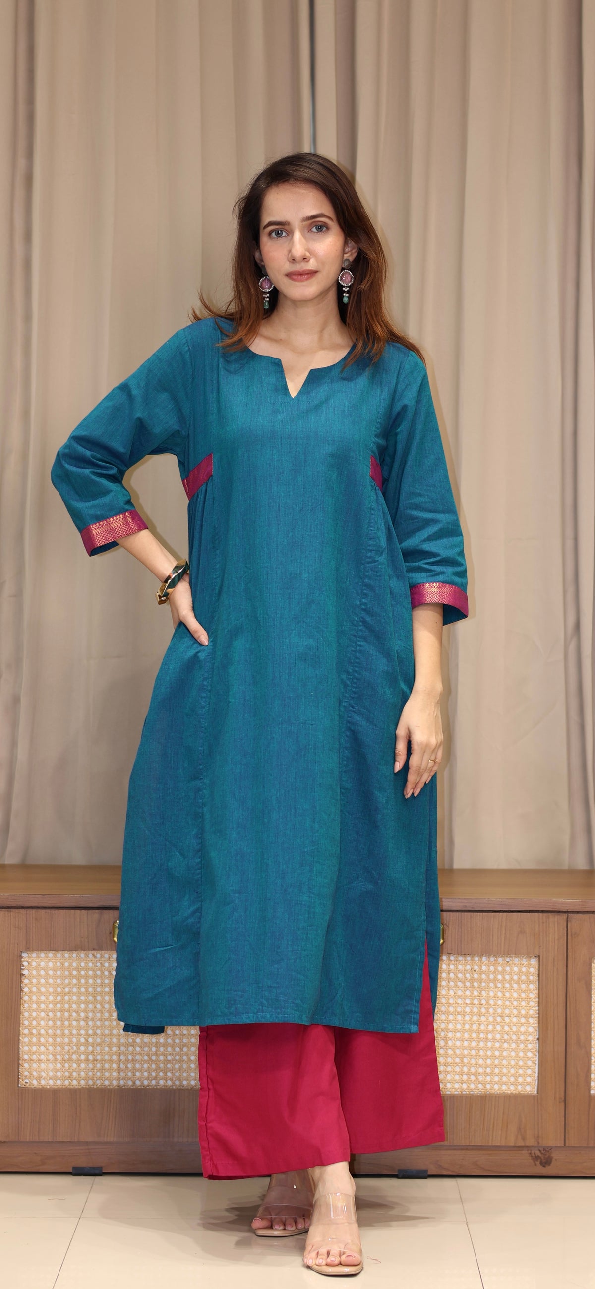 Sargun Mangalgiri Cotton Kali Kurta With Nizam Border - Blue