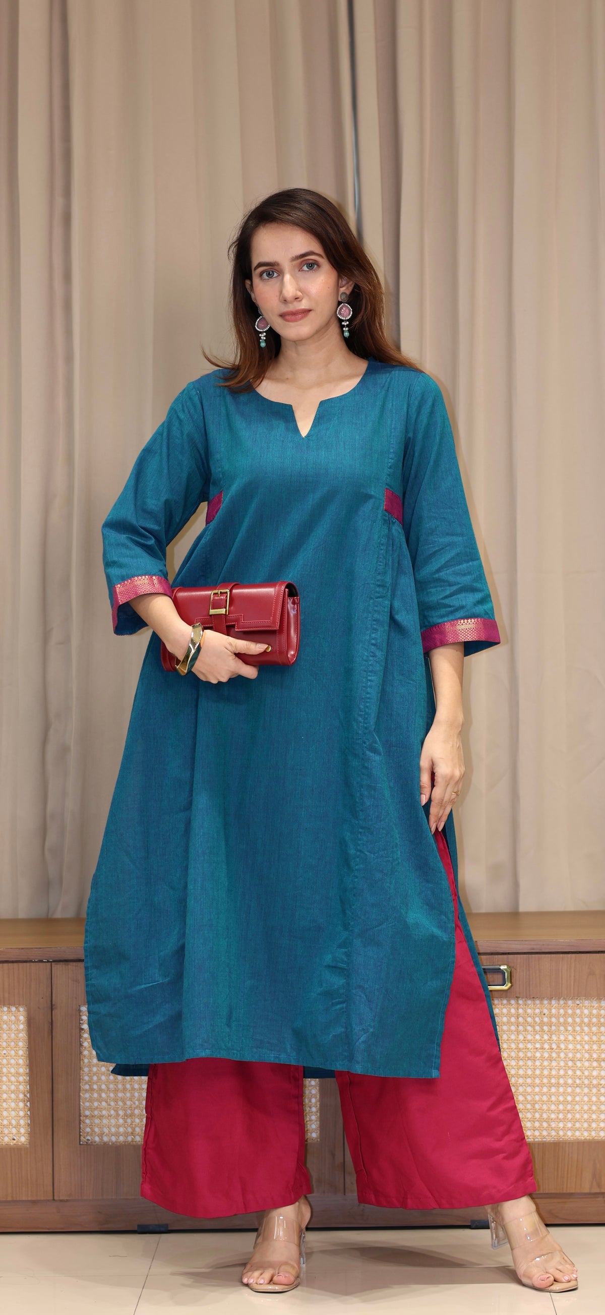 Sargun Mangalgiri Cotton Kali Kurta With Nizam Border - Blue