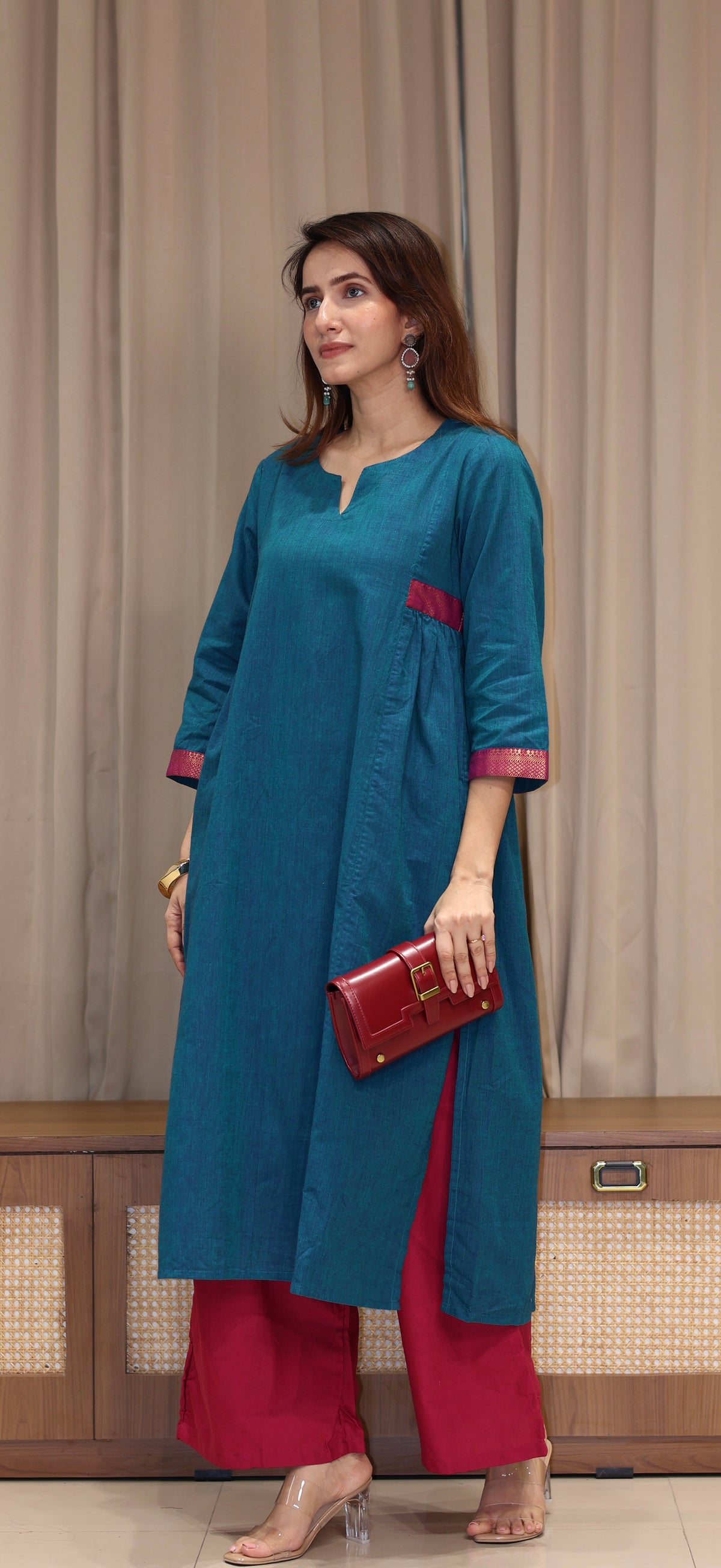 Sargun Mangalgiri Cotton Kali Kurta With Nizam Border - Blue