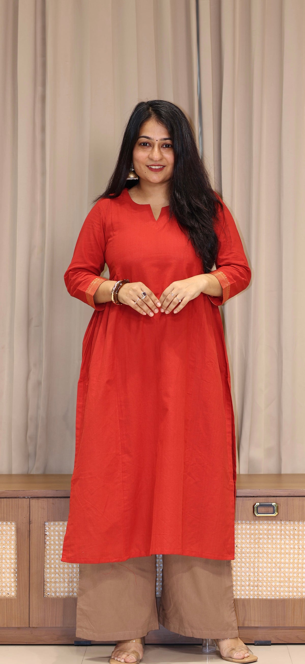 Nishita Mangalgiri Cotton Kali Kurta With Nizam Border - Vermillion Red