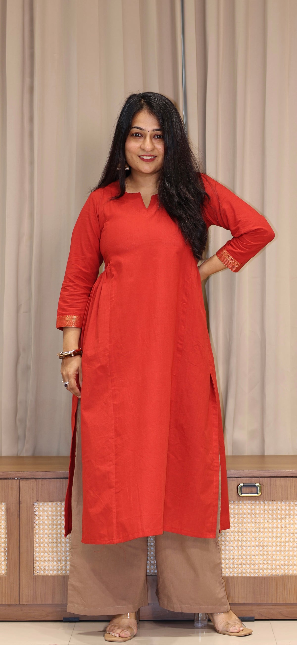 Nishita Mangalgiri Cotton Kali Kurta With Nizam Border - Vermillion Red