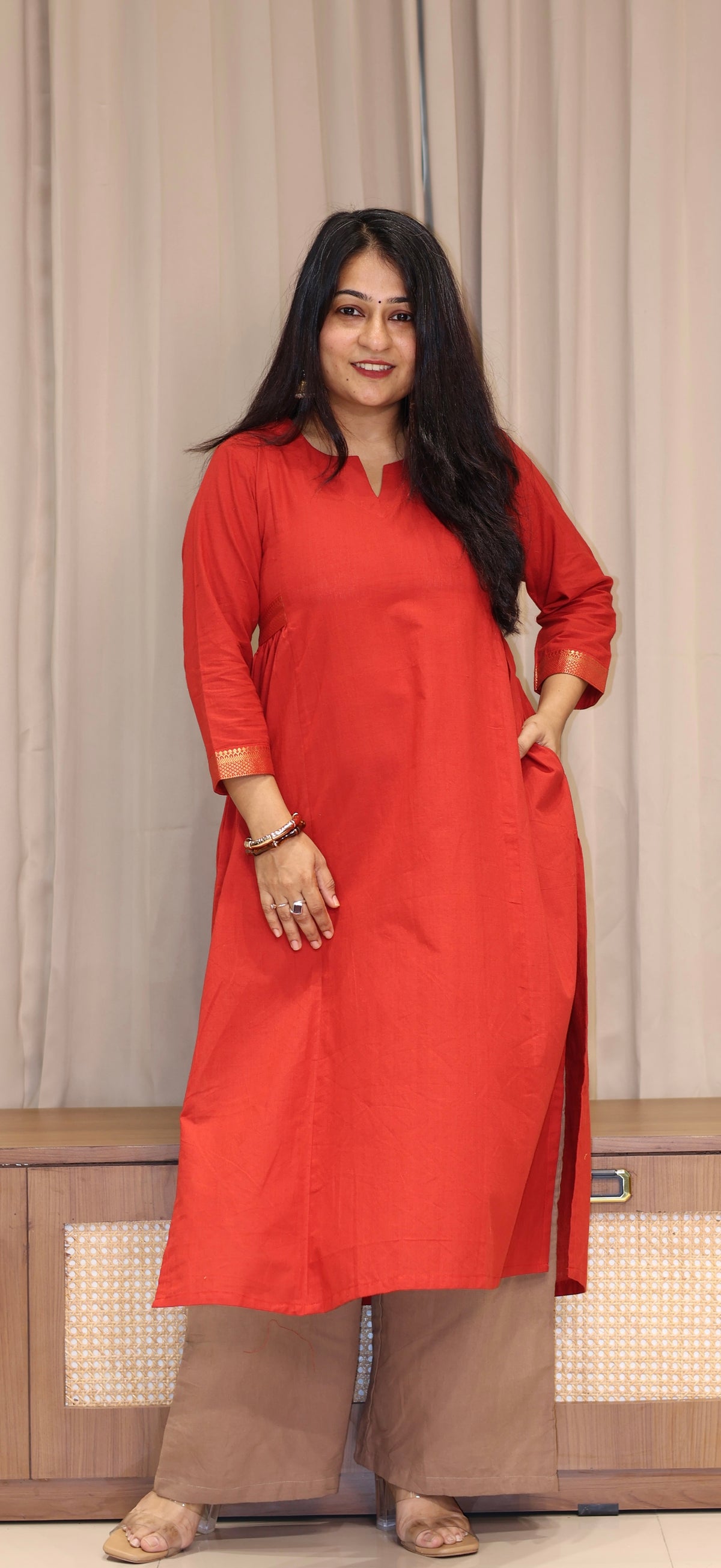 Nishita Mangalgiri Cotton Kali Kurta With Nizam Border - Vermillion Red