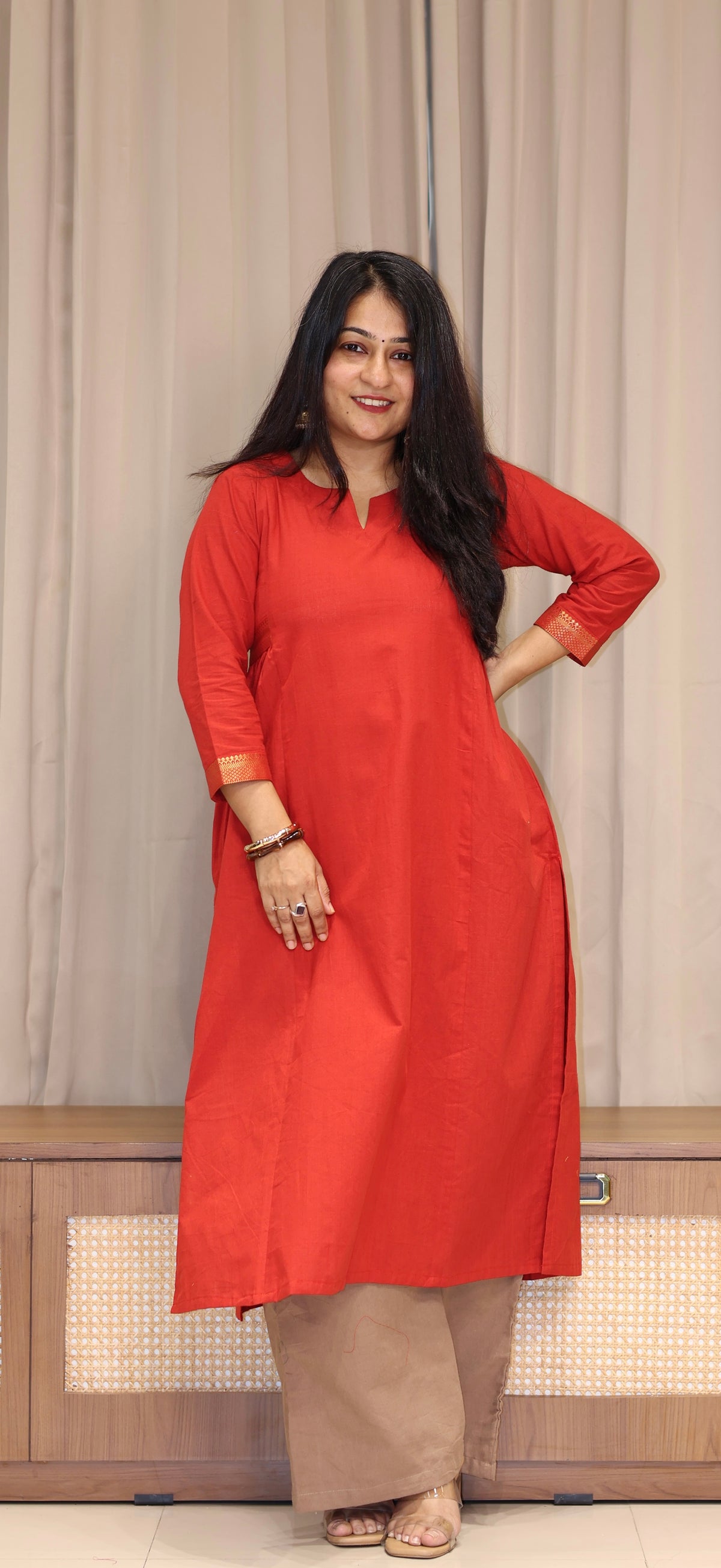 Nishita Mangalgiri Cotton Kali Kurta With Nizam Border - Vermillion Red