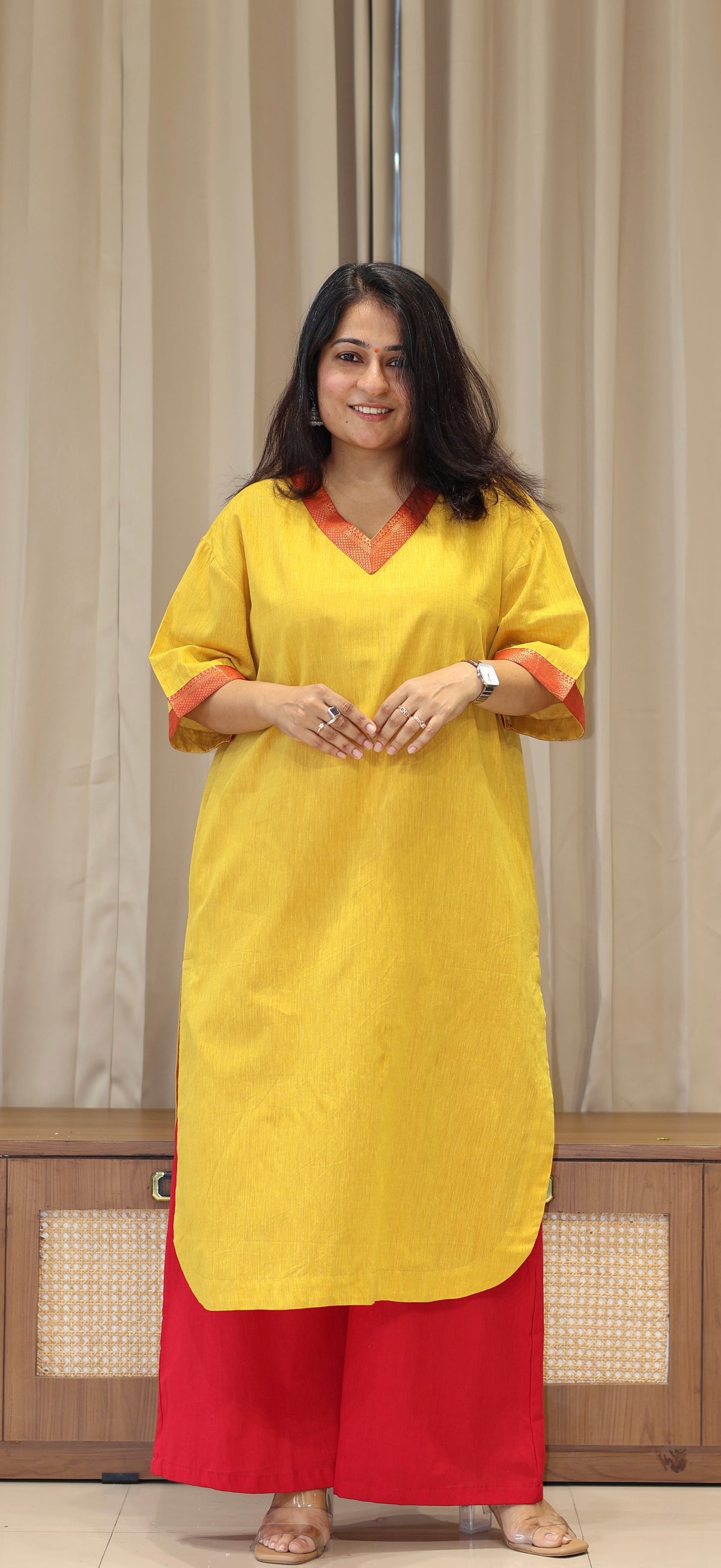 Manvi Mangalgiri Cotton Kali Kurta With Nizam Border - Yellow