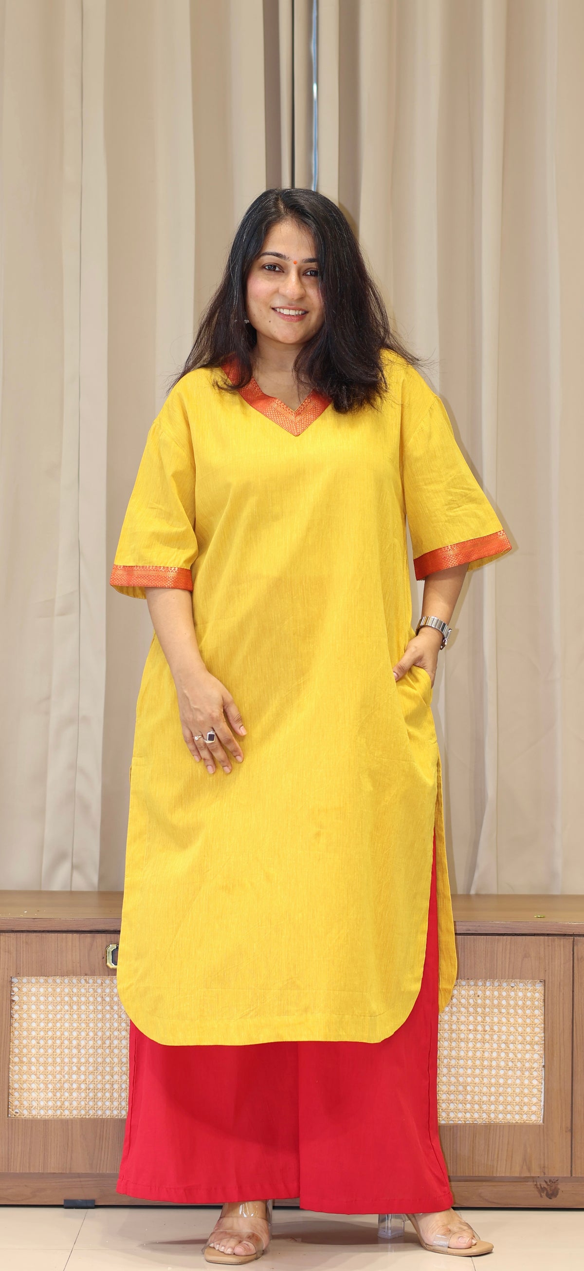 Manvi Mangalgiri Cotton Kali Kurta With Nizam Border - Yellow