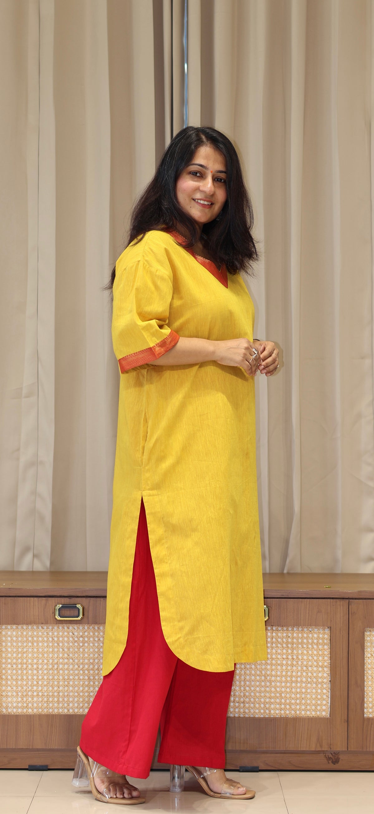Manvi Mangalgiri Cotton Kali Kurta With Nizam Border - Yellow
