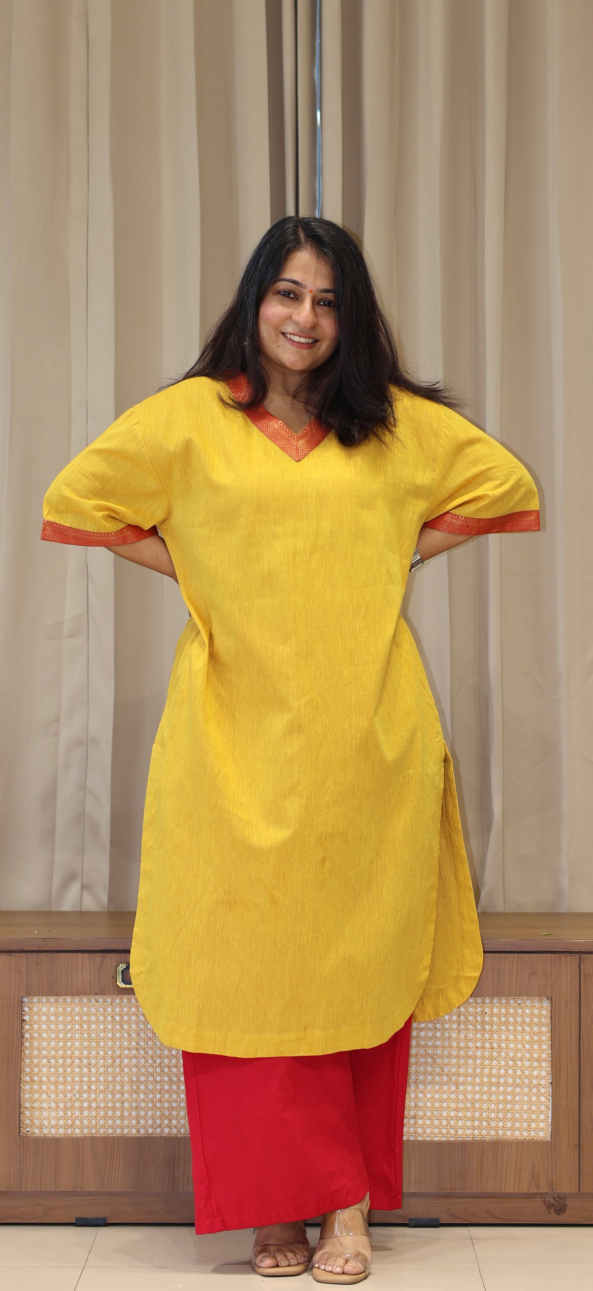 Manvi Mangalgiri Cotton Kali Kurta With Nizam Border - Yellow
